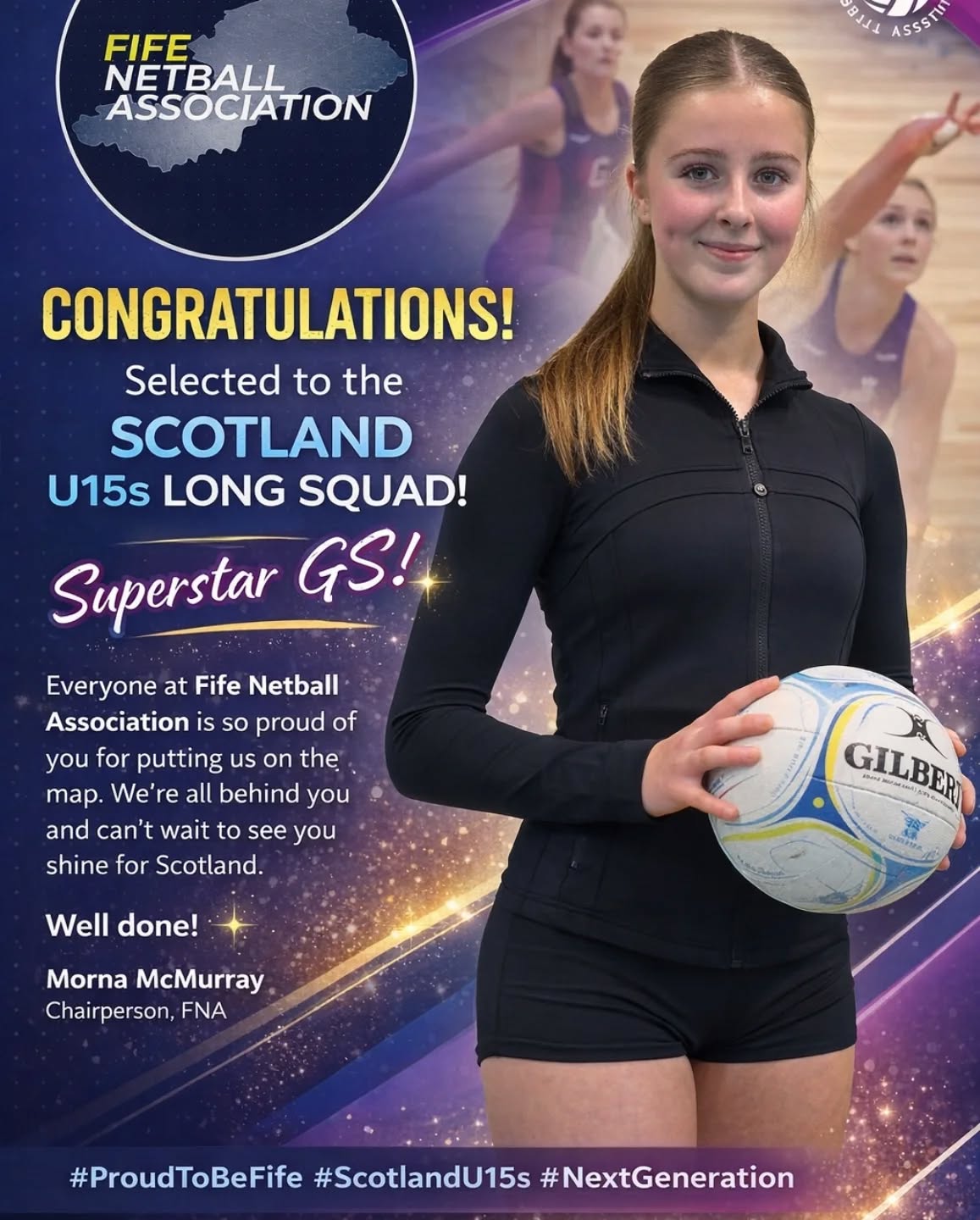 🌟 CONGRATULATIONS! 🌟
We are absolutely thrilled to congratulate our superstar GS Caitlin on her selection to the Scotland U15s Long Squad 💜
This is an incredible achievement and a true reflection of your hard work, commitment, and talent. You should be immensely proud — you are putting Fife Netball Association firmly on the map, and we couldn’t be prouder to see you representing at national level.
Everyone at Fife Netball Association is behind you as you take this exciting next step on your journey. Keep believing, keep pushing, and keep shining ✨
👏 Well done — this is just the beginning!
— Morna McMurray
Chairperson, Fife Netball Association
#ProudToBeFife #FutureThistle 🌿 #ScotlandU15s #FifeNetball #OneOfOurOwn NextGeneration