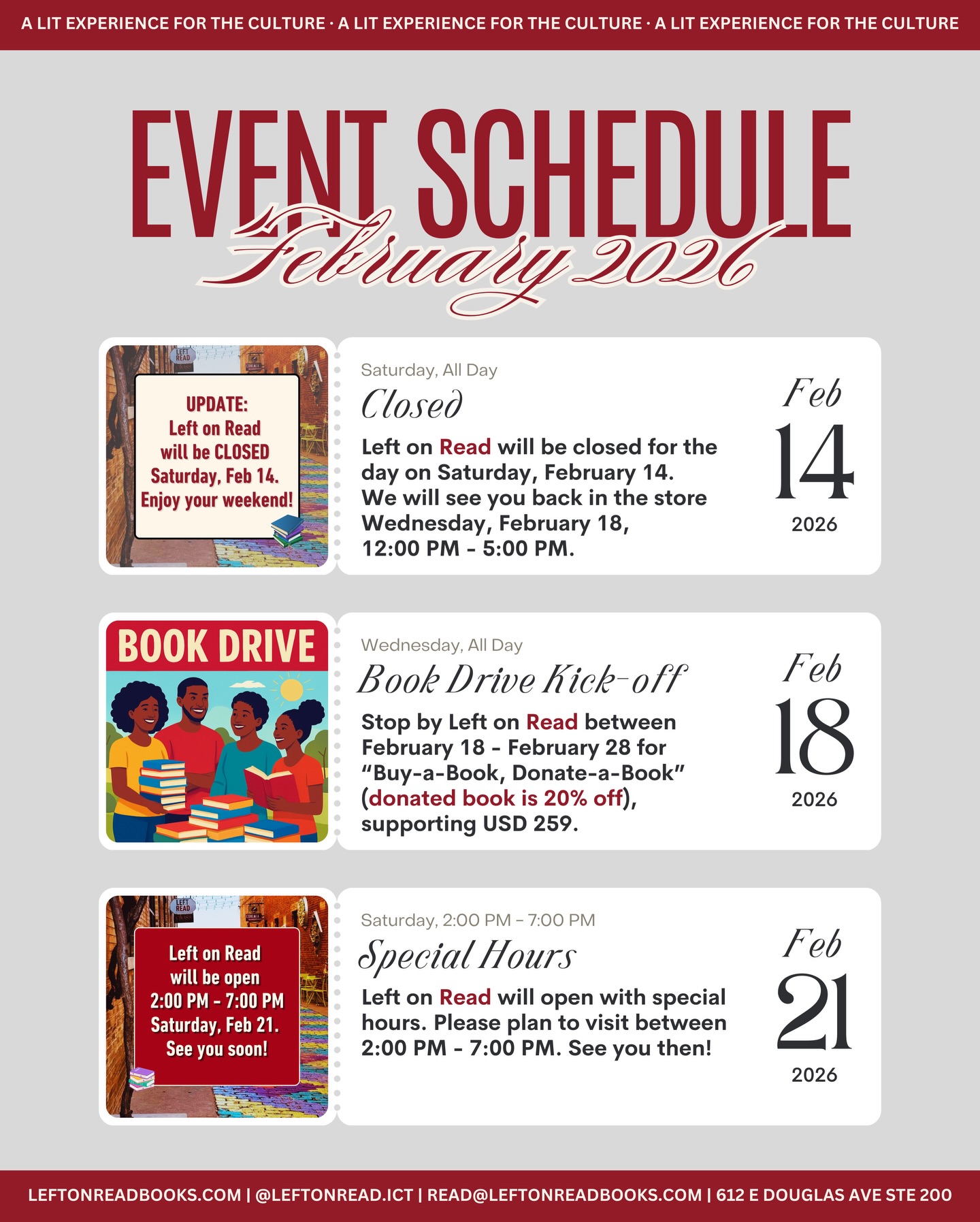 February isn’t over yet, and we’ve still got plenty poppin’ off at Left on Read! 😅
From Black Children’s Book Week (2/22 - 2/28), which we are kicking off early on February 18 with our Buy-a-Book, Donate-a-Book (at 20% off) Drive supporting USD 259, to virtual storytime, book club with delicious luxury drinking chocolate provided by INDLGNCE ☕️ (new name, same great taste! 😉), and the Black Business Tour, this month is doing the most in the best way. ✊🏾
🗓️ Check the schedule, plan your visit, and join us for the fun.
We can’t wait to see y’all!📚