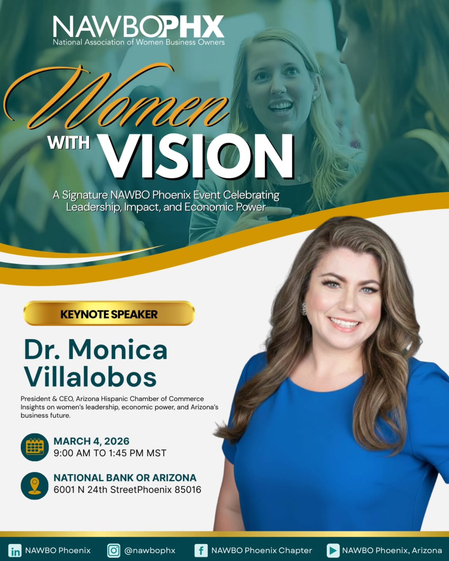 The vision just got bolder. 👑✨
We are beyond honored to announce our Keynote Speaker for the 4th Annual Women With Vision Conference - the powerhouse herself, Monica Villalobos, CEO of the Arizona Hispanic Chamber of Commerce! @azhcc
Monica is a trailblazer who defines what it means to lead with intention, advocacy, and results. As the head of one of the most influential chambers in the valley, she brings a wealth of knowledge on economic impact and the power of the female entrepreneur.
When we talk about #WomenWithVision, we are talking about leaders like Monica who are literally reshaping the landscape of business in Arizona. 📈💪
Prepare to be inspired, challenged, and equipped to scale.
You do NOT want to be out of the room for this one.
🗓️ Save the Date: March 4 2026
📍 Grab a table: Nawbophx.org
🫂: Share with, and bring a friend 🧡
#NAWBOPhoenix #MonicaVillalobos #WomenInLeadership