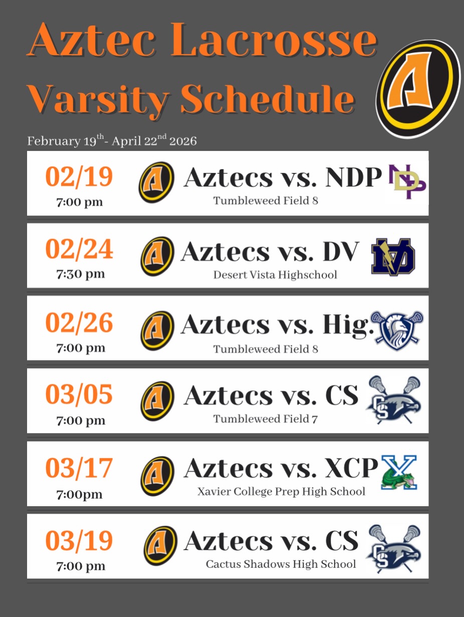 The official Aztec Girls Lacrosse schedule for the 2026 season! Let’s go Ladies!