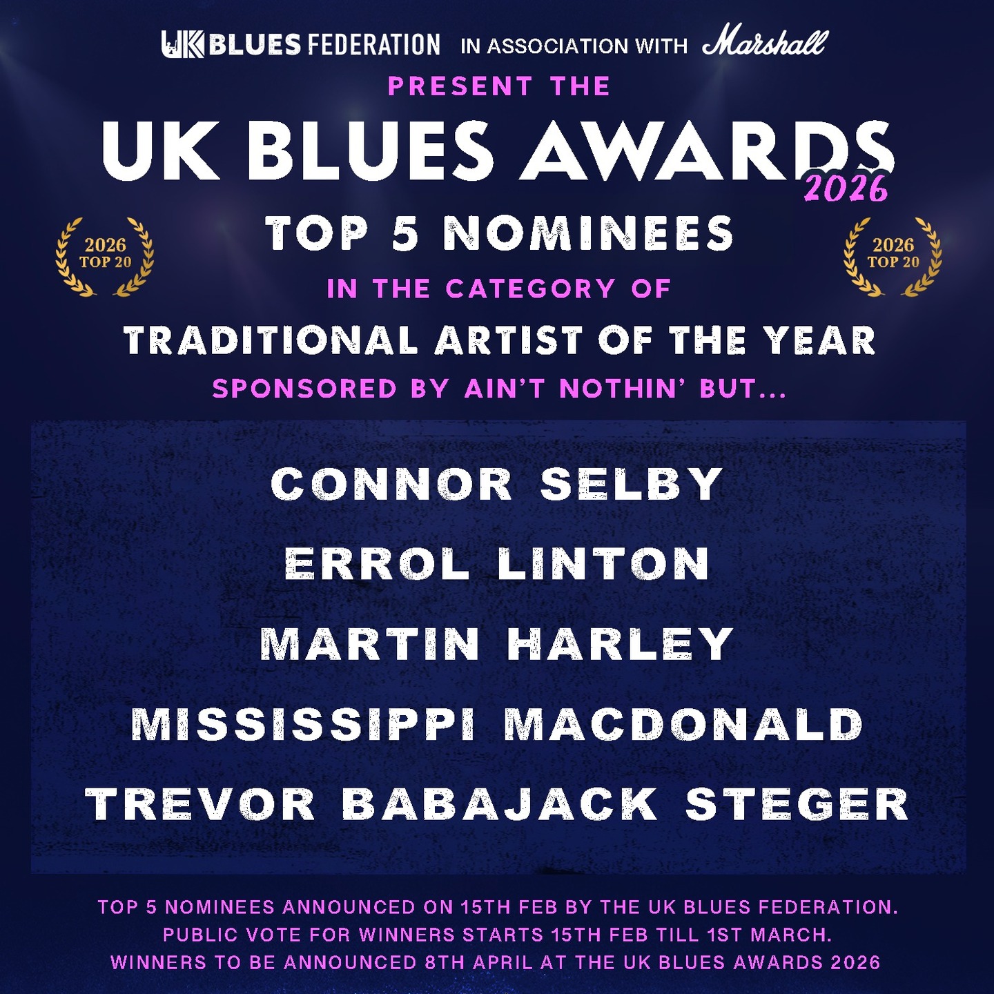 Delighted to have made the top 5 finalists for "Traditional Blues Artist of the Year" again for 2026!
Voting is open now so please go and vote now at this link -
https://www.smartsurvey.co.uk/s/UKBluesAwards2026Voting/...
Please read the T&C's. You must vote in at least 5 categories for your vote to count and must be a UK resident.