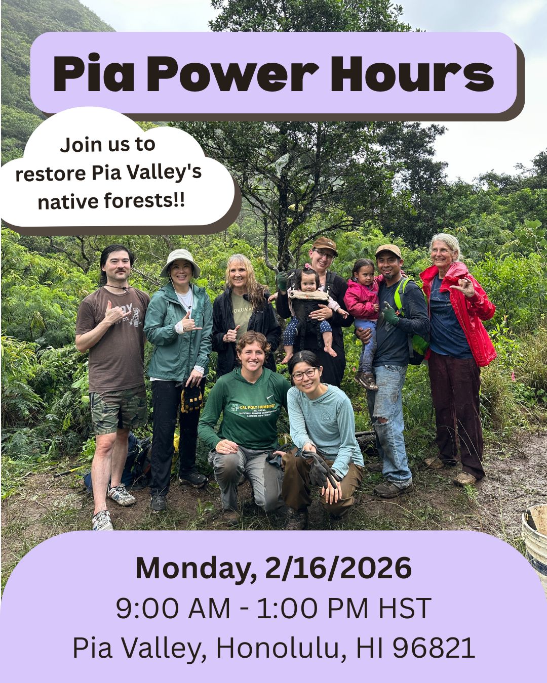 Join us next Monday for Pia Power Hours ⚡ — a hands-on opportunity to get outside and support our conservation efforts! Learn and take part in a variety of important restoration activities.
Feb 16, 2026, 9:00 AM – 1:00 PM HST
Pia Valley, Honolulu, HI 96821, USA
Learn more and register: https://wix.to/VBK8mBH
#hawaii #volunteer #nativeforest #restoration #getinvolved #rsvpnow
