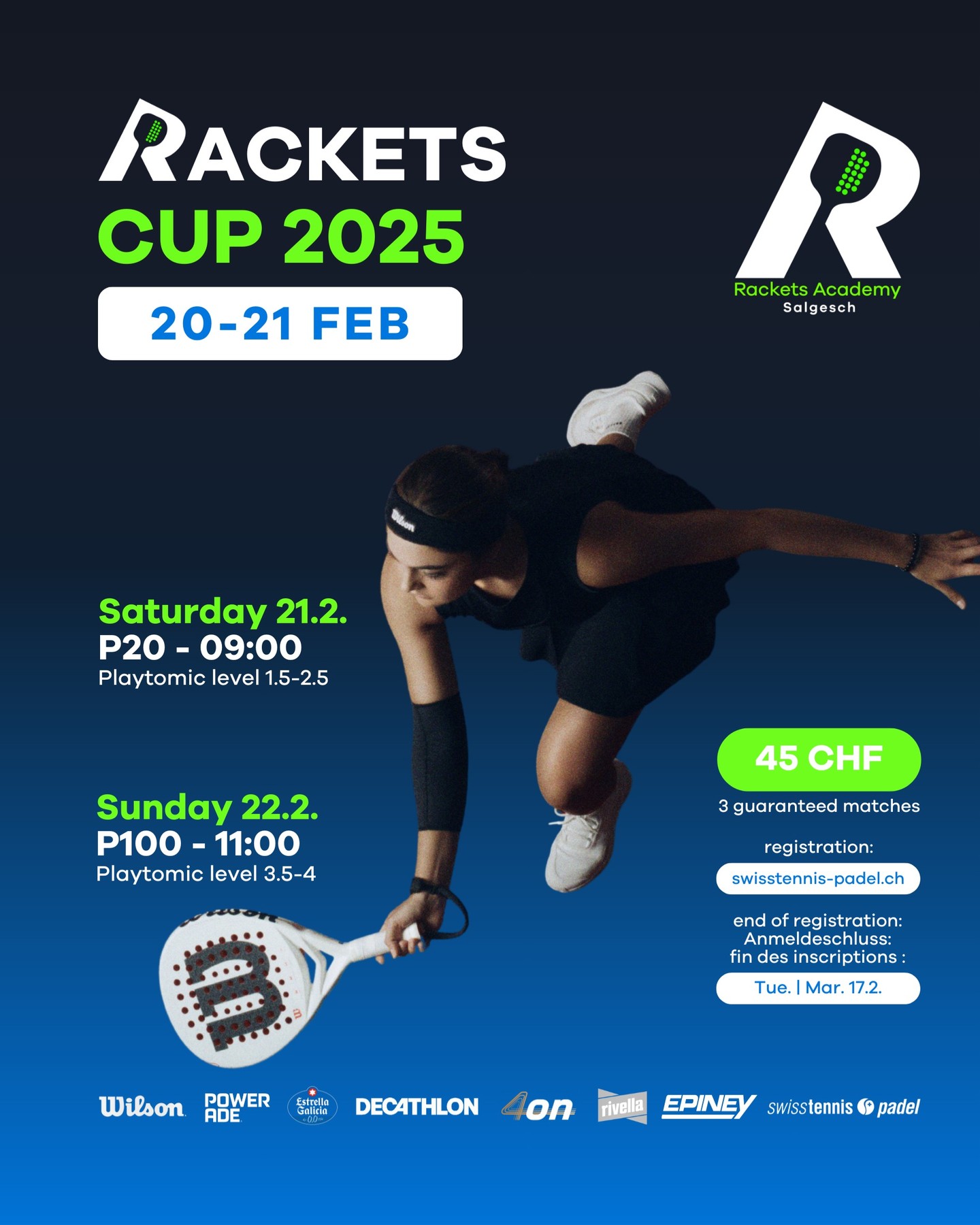 Racketeros & Racketeras,
Dernières places disponibles pour les deux tournois du week-end prochain ! P20 à partir de 9h00 le samedi 21 février, pour tous ceux qui souhaitent vivre leur première expérience en tournoi. Et le dimanche, la catégorie P100 débutera à 11h00. Inscrivez-vous vite sur swisstennis-padel.
P100 (playtomic niveau 3,5-4) : https://swisstennis-padel.tournamentsoftware.com/tournament/943f048f-8bbb-468f-a347-a3ee78082e40
P20 (niveau playtomic 1.5-2.5) : https://swisstennis-padel.tournamentsoftware.com/tournament/4db792d9-46a3-4086-a00a-6a12337f3db5
Si vous n'avez pas encore de licence, vous pouvez déjà l'acheter jusqu'en mars 2027 (ne vous laissez pas dérouter par le site web). Voici le lien pour la licence : https://swisstennis-padel.tournamentsoftware.com/memberships
À bientôt, le week-end prochain !
🎾🎾🎾
Racketeros & Racketeras,
es gibt noch die letzen Plätze in den beiden Turnieren nächstes Wochenende! P20 ab 9h00 am Samstag dem 21. Februar, für alle die ihre erste Turniererfahrung sammeln wollen. Und am Sonnstag started die P100 Kategorie um 11h00. Jetzt noch schnell einschreiben auf swisstennis-padel.
P100 (playtomic level 3.5-4): https://swisstennis-padel.tournamentsoftware.com/tournament/943f048f-8bbb-468f-a347-a3ee78082e40
P20 (playtomic level 1.5-2.5): https://swisstennis-padel.tournamentsoftware.com/tournament/4db792d9-46a3-4086-a00a-6a12337f3db5
Falls ihr noch keine Lizenz habt, könnt ihr sie jetzt bereits bis März 2027 lösen (nicht von der Webseite irritieren lassen, dort steht noch März 2026). Hier der Link für die Lizenz: https://swisstennis-padel.tournamentsoftware.com/memberships
Bis nächstes Wochenende!