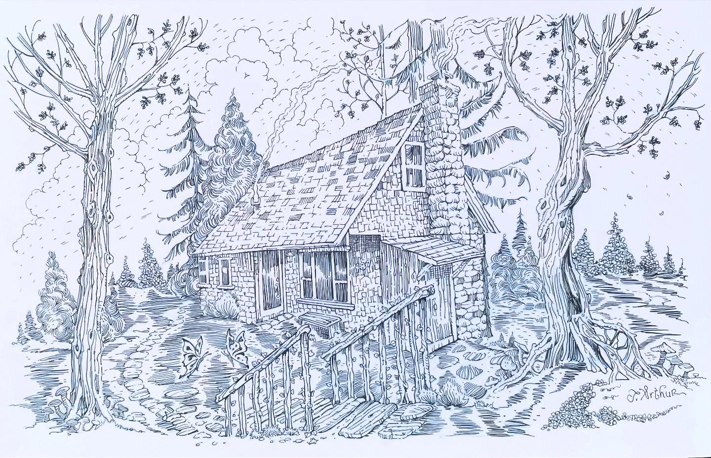 Pen and ink “The Mountain Cabin” by Crestline artist John Arthur. A totally unique Gallery/small shop experience
#art#illustrator#penandinkdrawing#shopsmall