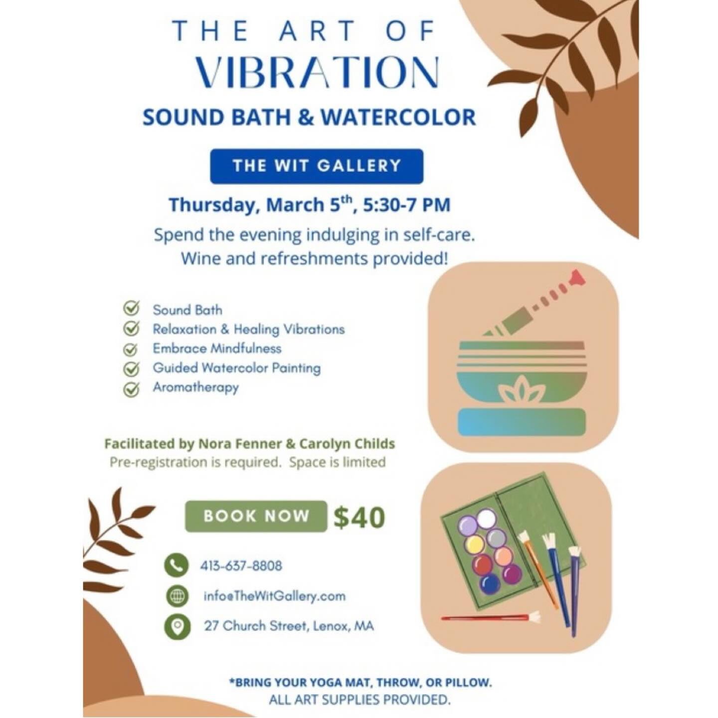 A new, exciting experience is coming to @thewitgallery 🩷
Join us on Thursday March 5th, from 5:30PM - 7:00PM @thewitgallery for “The Art of Vibration” led by teacher Carolyn Childs of Connecticut with the soothing vibrations of Crystal bowls with renowned sound healer Nora Fenner.
With gentle guidance from Carolyn and the beautiful sounds of Crystal bowls from Nora, this evening is designed for you to relax, unwind and unleash your creativity.
No art experience is required!
Pre registration for this event is required. The cost of the event is $40 and this includes all art supplies. There will be wine and refreshments available.
*Space is limited*
We ask that you bring your own pillow, mat or throw to sit on.
We hope to see you all at this magical event.
To register, please call or email @thewitgallery
413.637.8808
Info@thewitgallery.com
27 Church Street
Lenox, MA, 01240
.
.
.
.
Art | Art Gallery | Museum | Art Collection | Collection | Artist | Contemporary | Art Collector | Glass | Blown Glass | Painting | Gallery | Modern | Miami | Art Week | Massachusetts | Berkshires | Photo | Reels | Artwork |