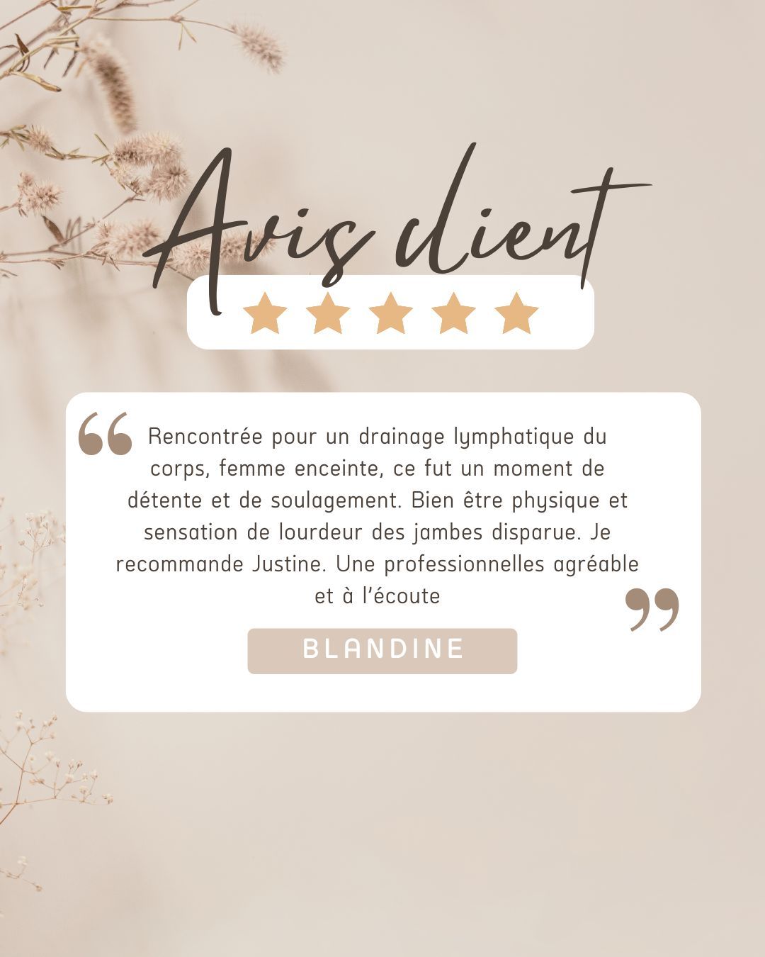 Votre avis compte pour moi ❤️
Merci Blandine pour ta confiance et pour ces mots qui me touchent profondément ✨
Chaque retour est précieux et me rappelle pourquoi j’aime tant accompagner, prendre soin et créer ces moments de douceur 🌿
Votre ressenti est la plus belle des récompenses 🤍
#avisscliente #temoignage #retourclient #bienetre #momentpoursoi #confiance #douceur #accompagnement #merci