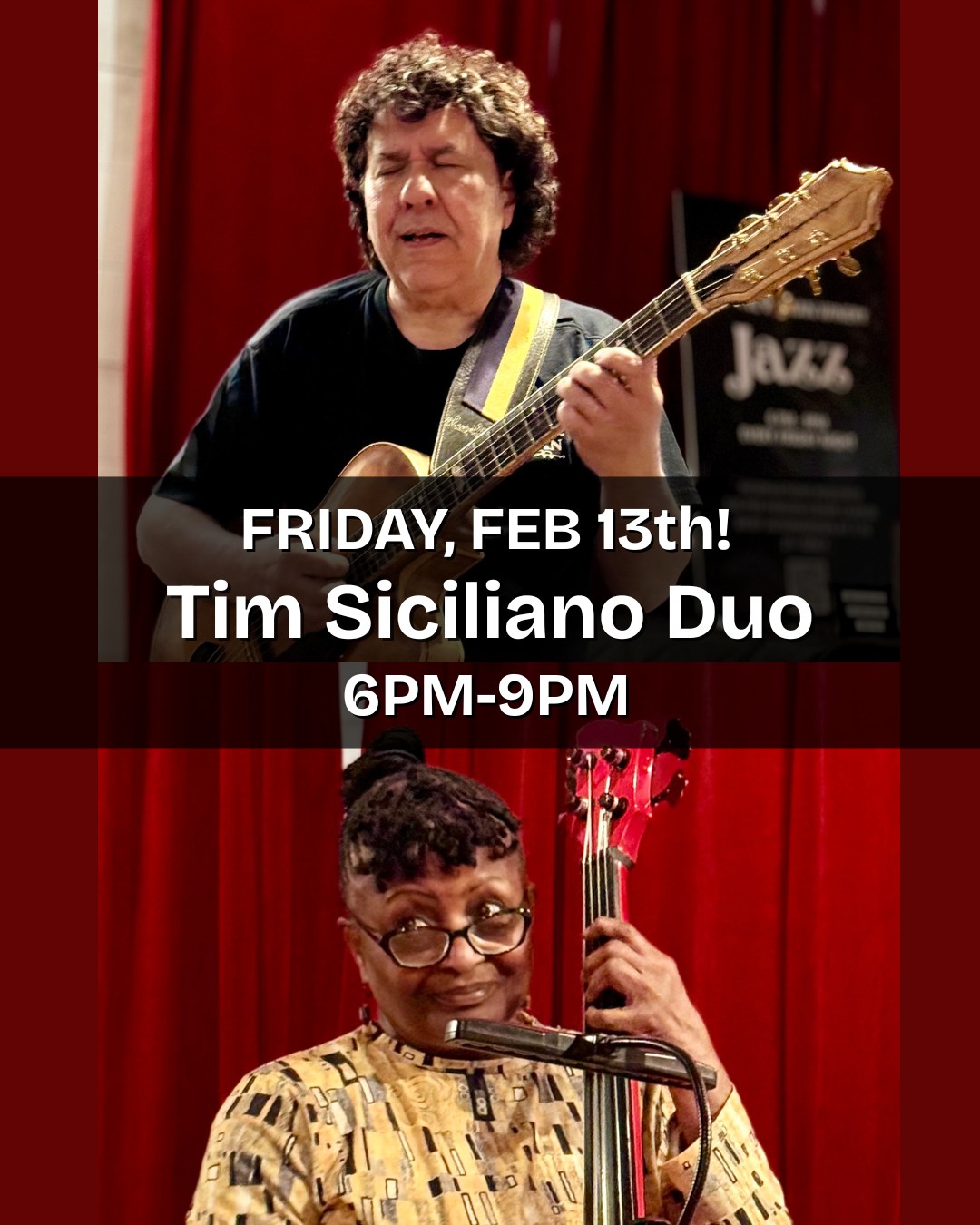 This Friday's musical guest is the Tim Siciliano Duo with Tim Siciliano and Kim Clarke!
Join us on Fridays for live music, outstanding wines 🍷, hand-crafted cocktails 🍸, and delectable small plates of food 🧀!
Fridays ~ 6:00-9:00PM
**Reservations Required** (See link in bio or below!)
$20 COVER CHARGE, PER PERSON
~ 21+ Only 🍷🥃🍹
~ NO Groups Over Six People
https://www.exploretock.com/onewomanwines/detail/583902/the-half-note-jazz-20-cover-charge-per-person
ALT TEXT: Collage of two photos: top is Tim Siciliano playing guitar, below is Kim Clarke playing bass. Text reads Friday, February 13th! Tim Siciliano Duo 6PM-9PM"
#jazznight #northforkfridays #winery #tastingroom #thehalfnote #longislandjazz #livemusic #northforkwine #womanownedbusiness #nofo #northforkevents #liwine #longislandwine