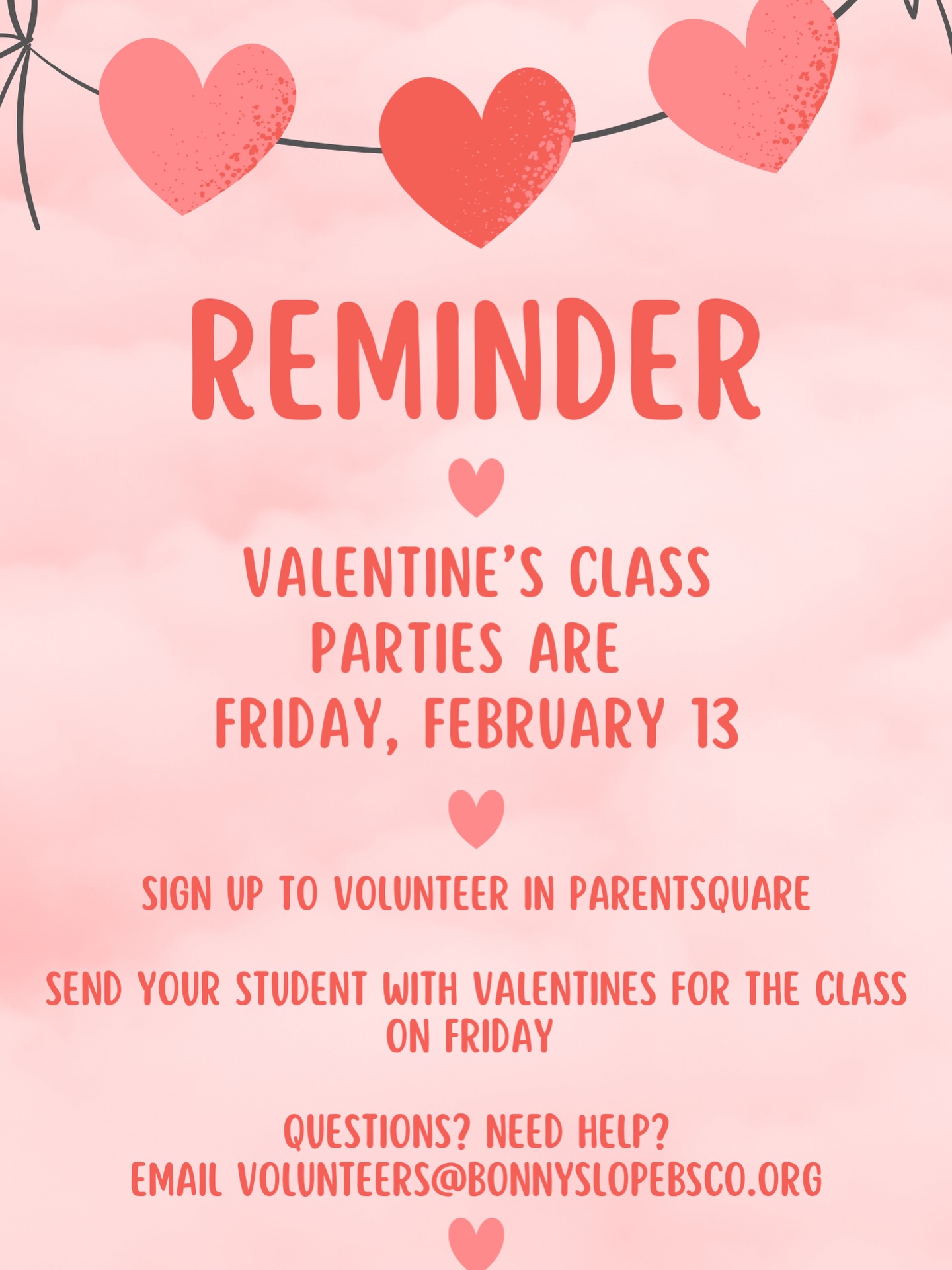 Friendly reminder that we are celebrating Valentineโs Day on Friday, February 13th! โค๏ธ Kids can bring in Valentines - your teacher should have sent details on how many, addressing, and when to bring. ๐ And weโll have parties in classrooms all afternoon! See ParentSquare for times and to sign up to help! ๐ฅฐ