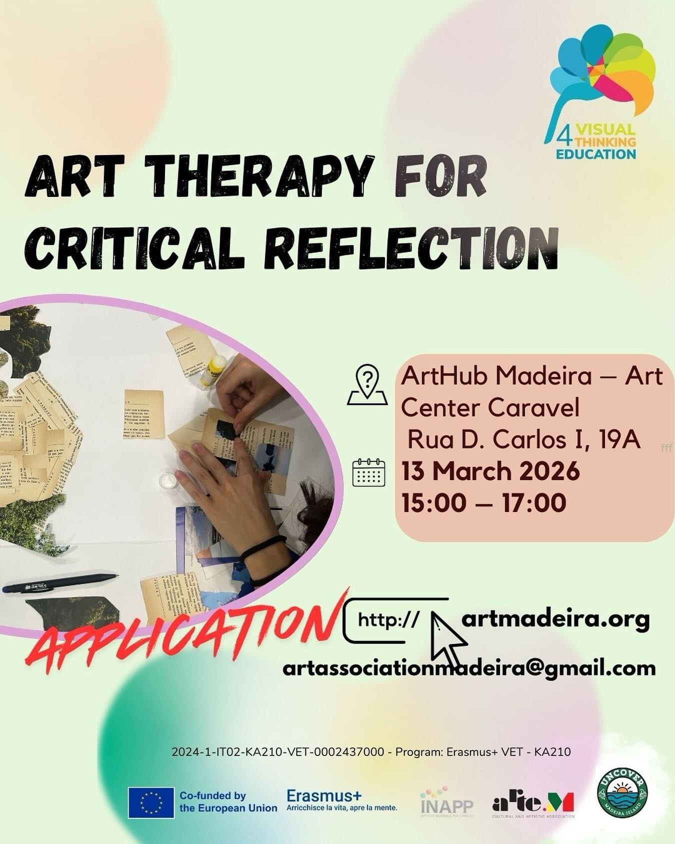 🎨 Workshop: Art Therapy Tools for Emotional Regulation & Critical Reflection
How can creative tools help process emotions, stress and media pressure?
In this 2-hour workshop we will explore practical art therapy techniques — to support emotional expression and critical reflection
📅 13 March
🕒 15:00–17:00
📍 Art Center Caravel / ArtHub Madeira
👥 18+
🎟️ Participation is free
⚠️ Places are limited
📩 Registration: artassociation@gmail.com
The project Visual Thinking Education, funded by Erasmus + #arthubmadeira #artcentercaravel #erasmusplus #artemassociation #artemassociationmadeira #erasmusmadeira #erasmusvet