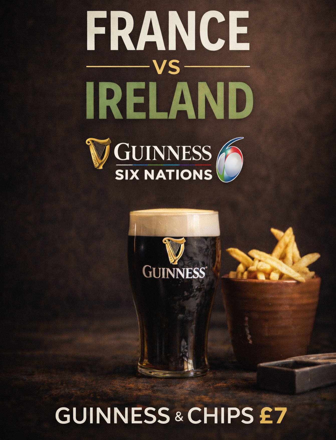 Six Nations is back 🏉 France vs Ireland kicks off at 8.10pm, watch it live at The Queens and grab a Guinness & chips for £7 🍺🍟