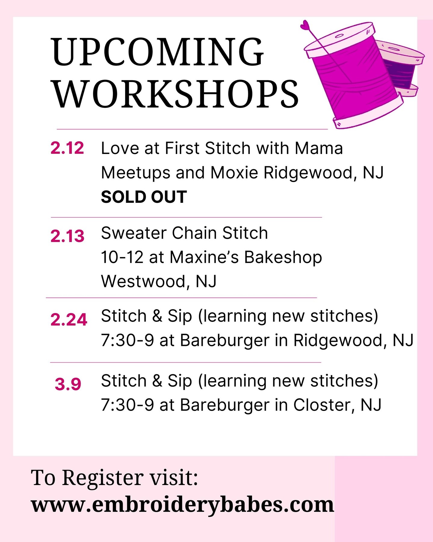 your feb + march plans, stitched 🪡💖
✨ sold-out nights
✨ cozy sweater stitching
✨ stitch & sip with brand-new stitches
✨ multiple NJ locations
save this post so you don’t forget
send it to the friend you always say “we should do something creative together” with
beginner-friendly. no pressure. just good vibes + something handmade to take home.
tickets + details at embroiderybabes.com
(spots always go faster than you think 👀)
#EmbroideryBabes
#BergenCountyNJ
#NJEvents
#GirlsNightNJ
#CreativeWellness
