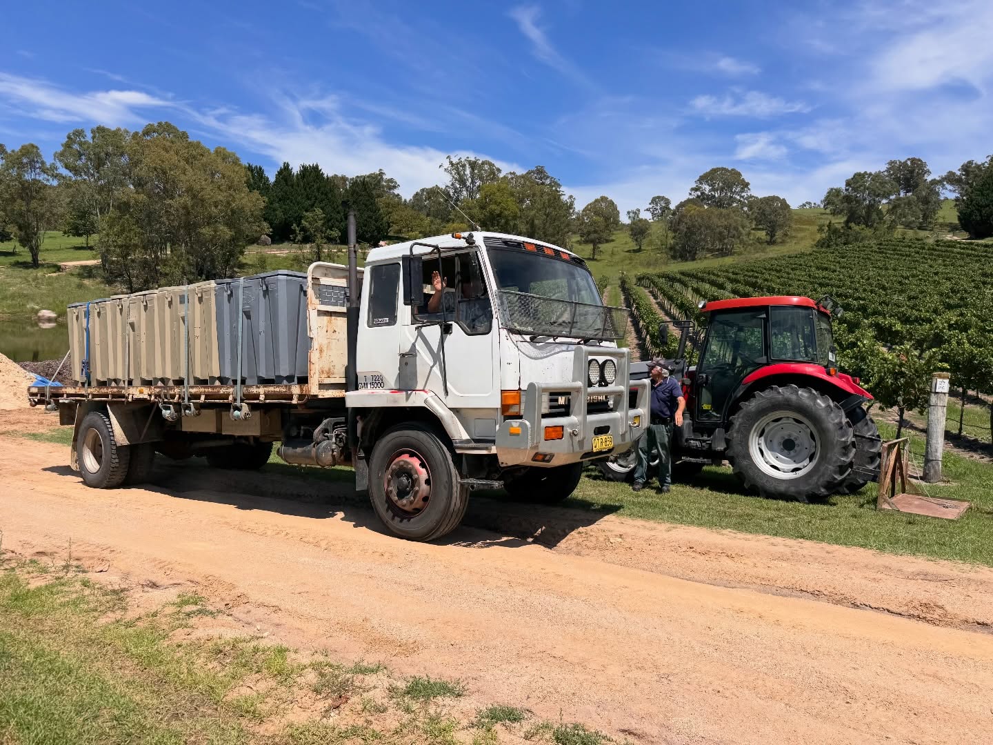 See ya Luke! Thanks for transporting our precious cargo🍇 9 picking bins full of grapes! Guess how many tonnes of Pinot Grigio we sent today? If anyone guesses right you can come and claim a free bottle at the cellar door😉 #bluemountainwine #guesshowmanytonnes #pinotgrigio #lovelocal #familyrun