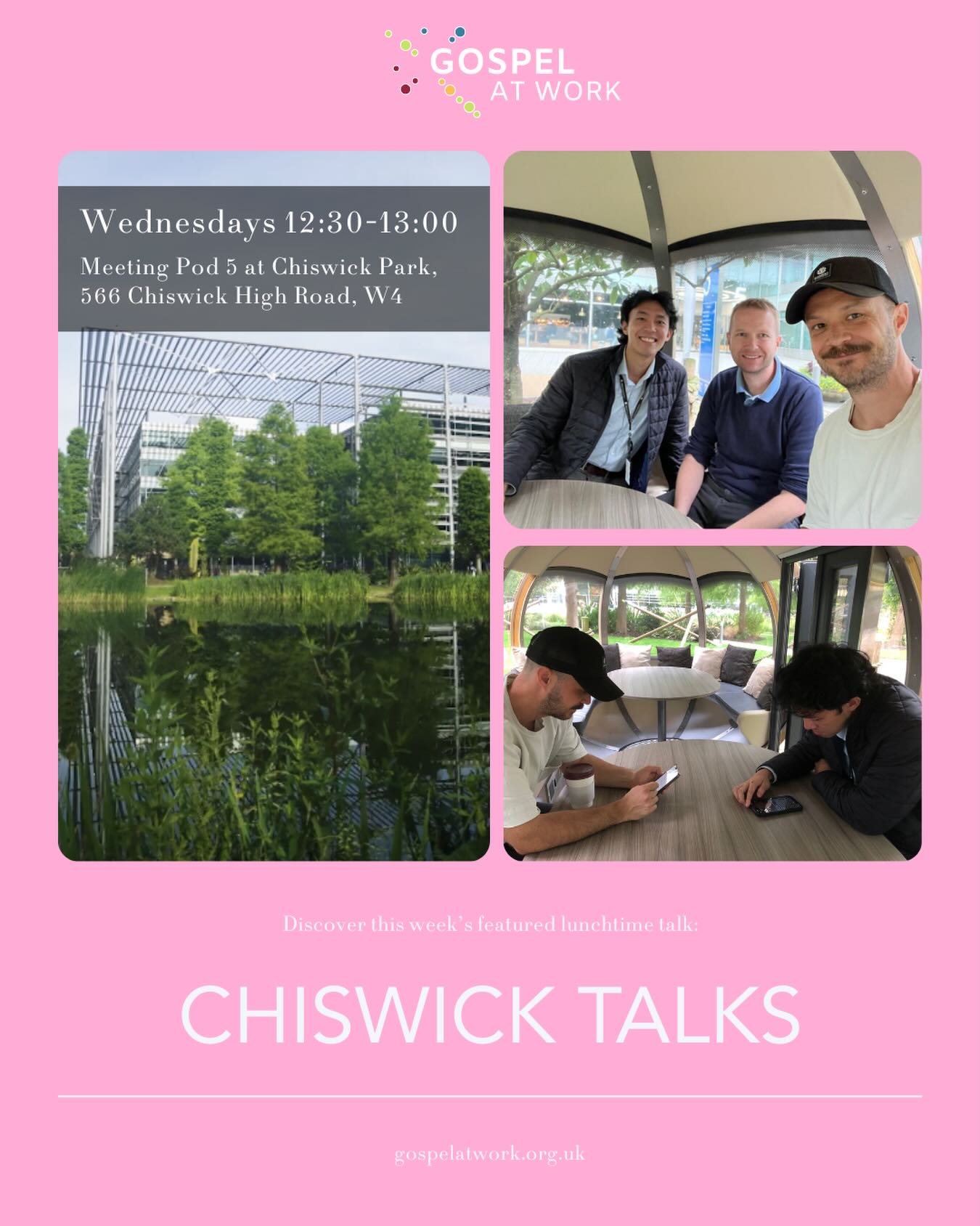 Chiswick Bible Talks: This week’s featured lunchtime talk.
For all those who work around Chiswick Park.
Every Wednesday the Chiswick Bible Talks take 15-20 minutes to look at the Bible, followed by a discussion.
The Talks consider the life and teaching of Jesus Christ and his relevance to life - and especially to work.
⌚ Wednesdays 12:30-13:00
📍Meeting pod 5 at Chiswick Park (566 Chiswick High Road)
✉️ chiswickbibletalks@gmail.com
🙏 Time to pray after the lunchtime meetings for those who are able to stay
🛜 chiswickbibletalks.com
#chiswick
#chiswickpark
#lunchbreak
#exploringchristianity
#bible