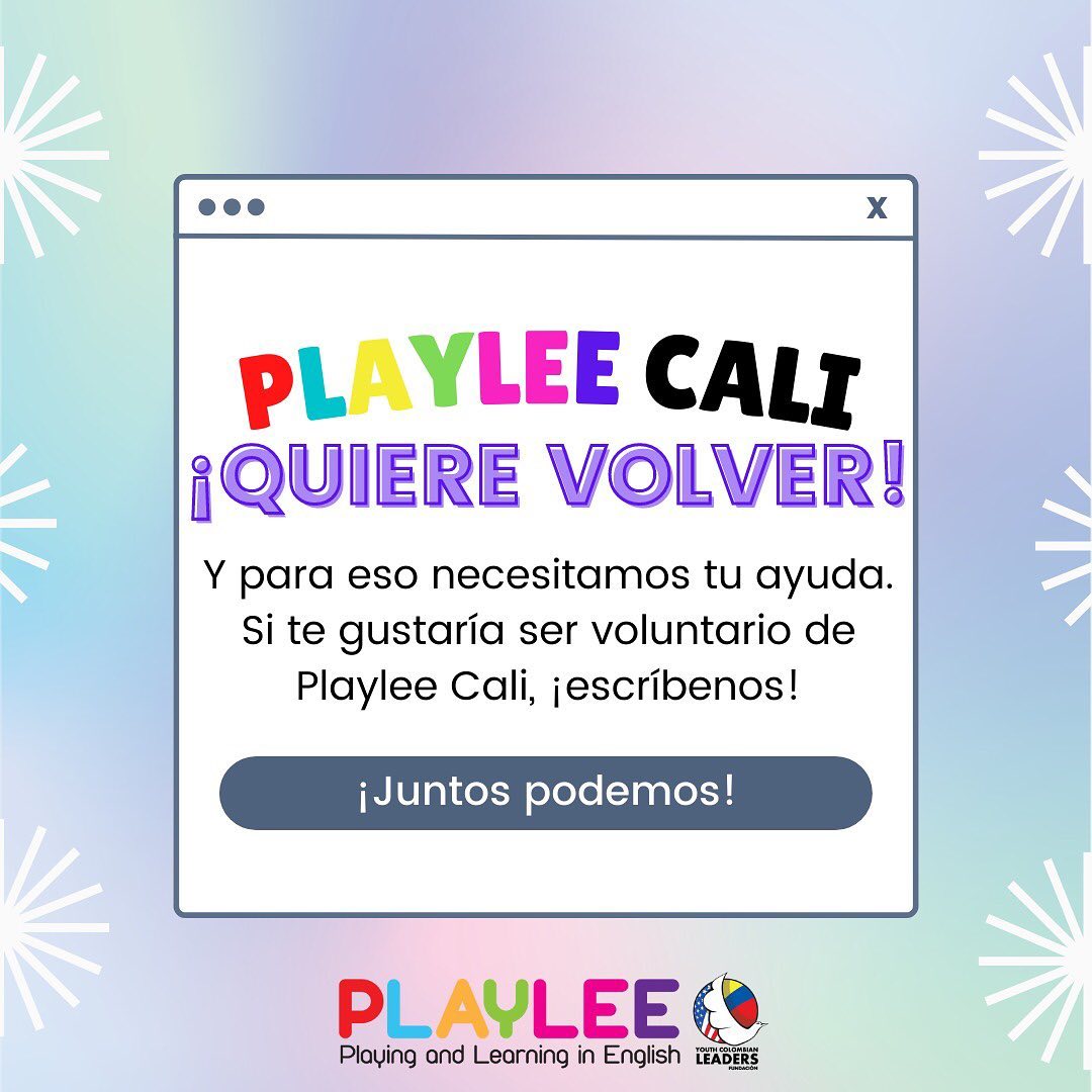 PLAYLEE Cali tiene la emoción de volver y para ello necesitamos de voluntarios como tú
Inscríbete. Para mayor información encuentras el link en nuestra información.