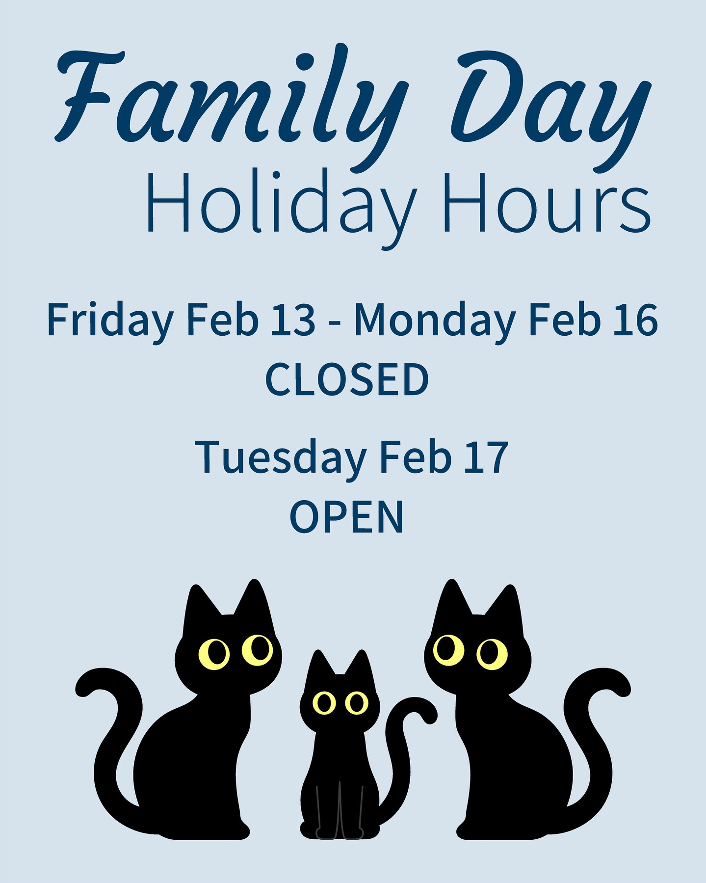 We want to let everyone know that we closed this Friday Feb 13th and we won't be back until Tuesday Feb 17.