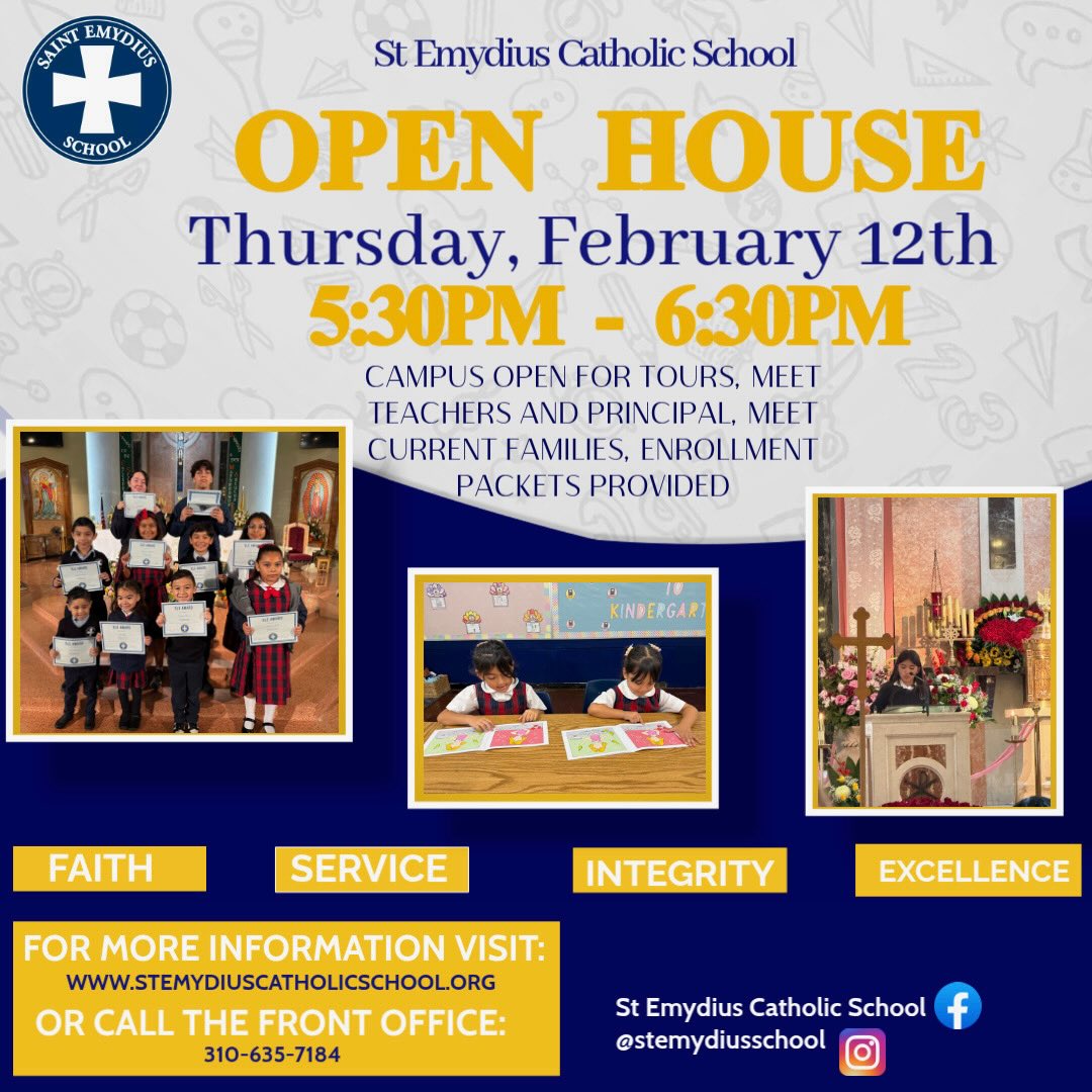 Enrollment is now open for the 2026–2027 school year!
Join us for our Open House tomorrow, Thursday, February 12th, from 5:30 PM–6:30 PM to learn more and see what makes St. Emydius special.
Contact our school office at (310) 635-7184, send us a DM, or visit our website for more information.
We would love to welcome your family to the St. Emydius Jaguars community!
¡La inscripción ya está abierta para el año escolar 2026–2027!
Acompáñenos a nuestra Casa Abierta mañana, jueves 12 de febrero, de 5:30 PM a 6:30 PM, para obtener más información y conocer qué hace especial a St. Emydius.
Comuníquese con la oficina escolar al (310) 635-7184, envíenos un mensaje directo o visite nuestro sitio web para más información.
¡Nos encantaría dar la bienvenida a su familia a la comunidad de los Jaguars de St. Emydius!
#stemydiuscatholicschool #jaguarstrong #lynwood #catholicschool #lacatholics