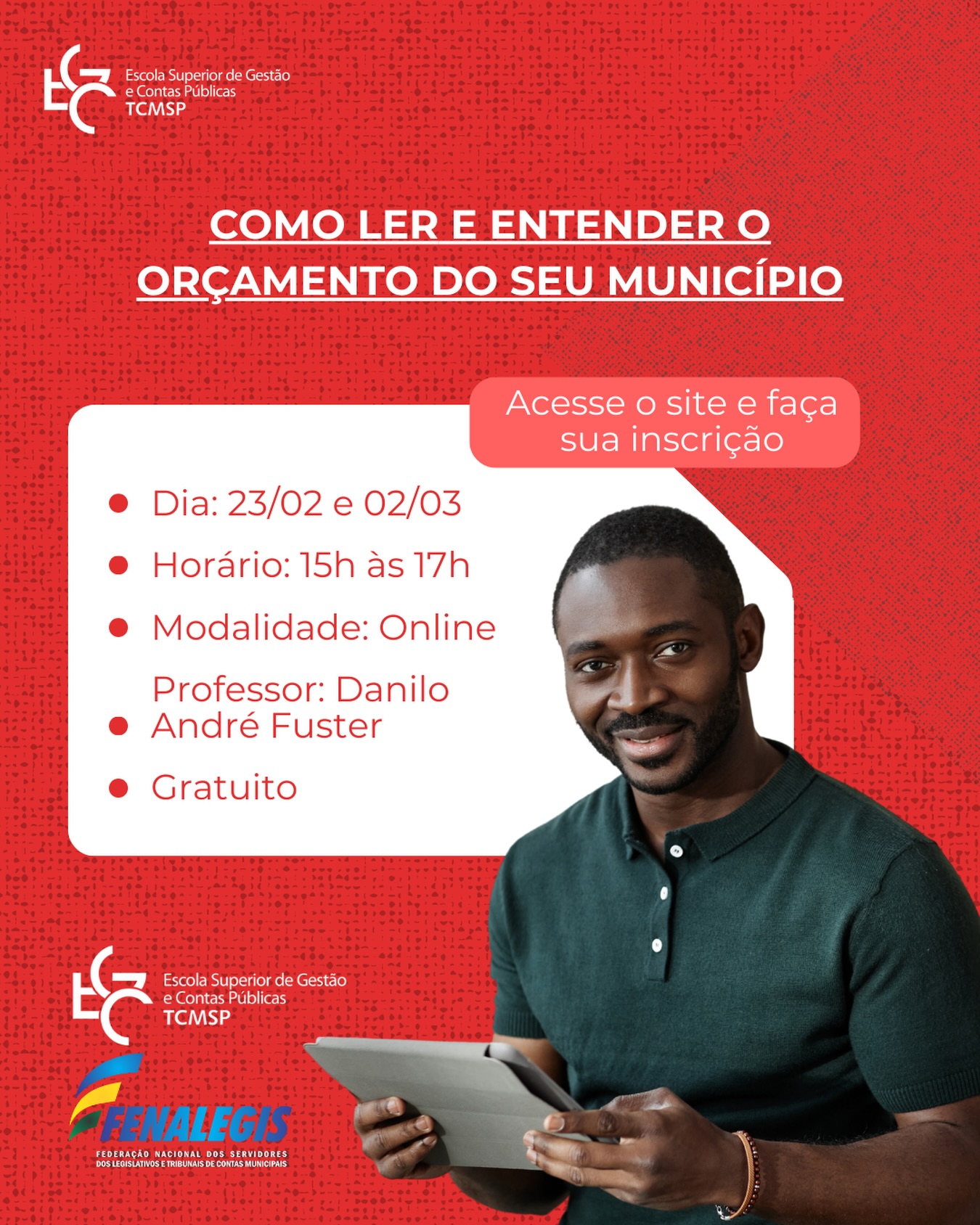 Grande oportunidade - curso gratuito da Escola Superior de Contas Públicas (TCMSP)
Nos dias 23/02 e 02/03, das 15h às 17h, será ministrado o curso “Como ler e entender o orçamento do seu município”, na modalidade online.
Inscreva-se no link https://escoladecontas.tcm.sp.gov.br/cursos/inscricoesabertas/85397. Link clicável nos stories.
.
.
#tcmsp #orçamento #orcamentomunicipal #camaramunicipal #prefeitura