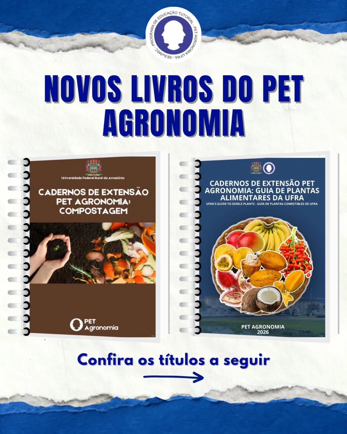 🌱📚 NOVOS LIVROS DO PET AGRONOMIA!
O conhecimento que transforma começa aqui! 💙
O PET Agronomia apresenta os novos Cadernos de Extensão, produzidos para fortalecer o aprendizado, a sustentabilidade e a valorização da agricultura.
📘 Guia de Plantas Alimentares da UFRA
Conheça as espécies presentes na universidade e sua importância para a alimentação e a biodiversidade.
🌿 Compostagem
Aprenda, de forma simples e ilustrada, como transformar resíduos orgânicos em adubo natural e devolver vida ao solo.
✨ E tem mais!
O link dos livros atuais e de todas as edições anteriores está disponível no link da bio.
Acesse, baixe gratuitamente e compartilhe conhecimento! 🚜💚
#PETAgronomia #UFRA #ExtensãoUniversitária #Agronomia #Sustentabilidade
