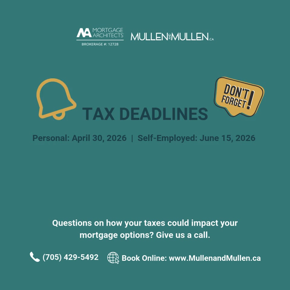 🚨 Friendly Tax Season Reminder (Before It Sneaks Up on You!)
Tax time is coming and future-you will be very thankful if you don’t leave it to the last minute 😅
🗓️ Personal tax returns: due April 30, 2026
🗓️ Self-employed: June 15, 2026
Whether you’re an employee, freelancer, side-hustler, or business owner, staying on top of your taxes helps you avoid penalties, reduce stress, and maybe even uncover some savings.
🏡 Mortgage pro tip:
If you’re renewing this year, thinking about buying, refinancing, or just want to know how your taxes could impact your mortgage options, reach out before you file. A quick conversation now can make a big difference later.
We’re here to help you plan smarter, not harder. Questions? Let’s chat 📞✨
💻 www.MullenandMullen.ca
📞 (705) 429-5492
MORTGAGE ARCHITECTS, BROKERAGE #12728
#TaxSeason #DeadlineReminders #SelfEmployedTaxes #MortgageTips #PlanAhead #SavingYouMoney #LifesMoments #MullenandMullen #WasagaBeach #Clearview #MortgageArchitects