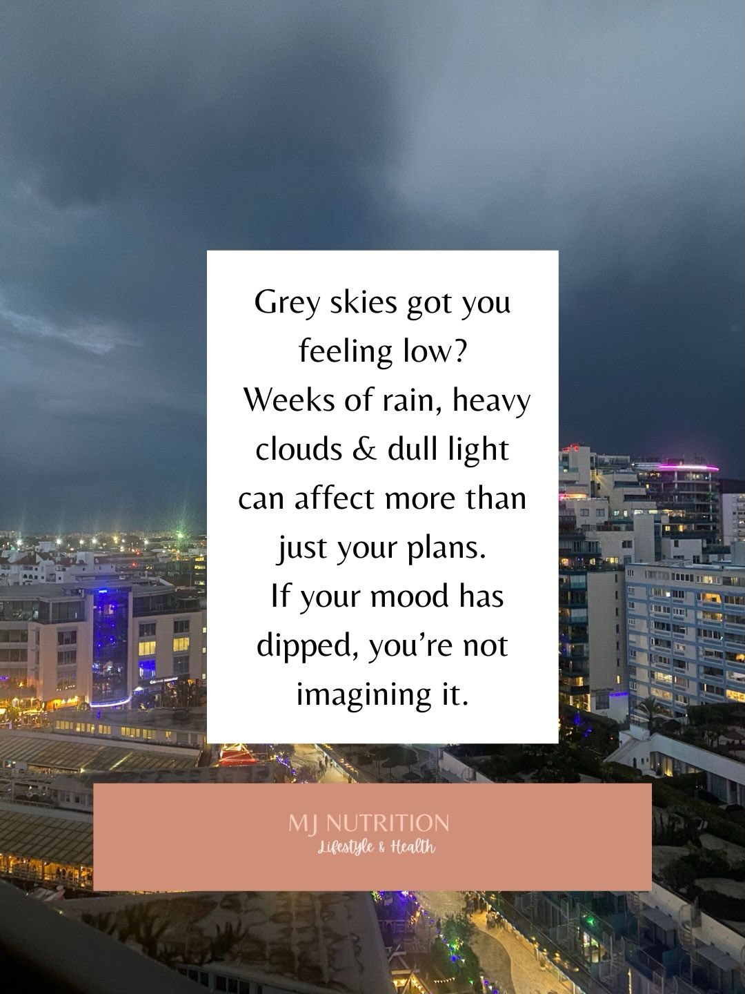 Grey skies got you feeling low?
If weeks of rain and overcast days have left you feeling flat, exhausted, or unmotivated, you’re not alone. Long stretches without sunlight can affect mood, energy, sleep, and even food choices.
Seasonal Affective Disorder (SAD) is a real, biological response to reduced daylight, and it can show up even in milder climates during prolonged grey weather.
Supporting your mental health during these periods isn’t about pushing harder. It’s about working with your body through gentle routines, nourishing food, daylight exposure, and realistic self-care. Small, consistent lifestyle and nutrition choices can make a meaningful difference when the weather feels heavy.
💛 Save this post if grey days affect you each year, and share it with someone who might need a reminder that they’re not failing, they’re responding.
#SeasonalAffectiveDisorder #MentalHealthNutrition #WinterWellbeing