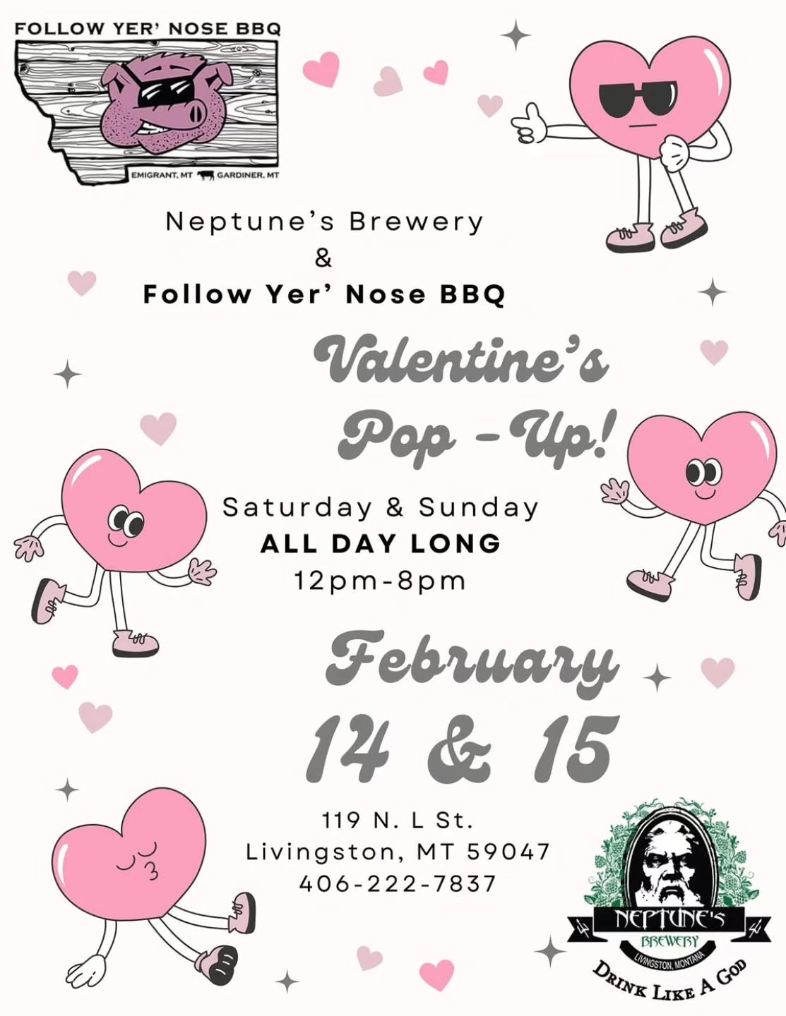 At @neptunes_brewery Don’t have any plans for Valentine’s Day? We got you! Treat yourself or a loved one❣️
@followyernosebbq is BACK with another Pop-Up! February 14th & 15th, all day long, 12-8pm! No need to try too hard this VDay… great food, great beer😉 🐷🍺💝