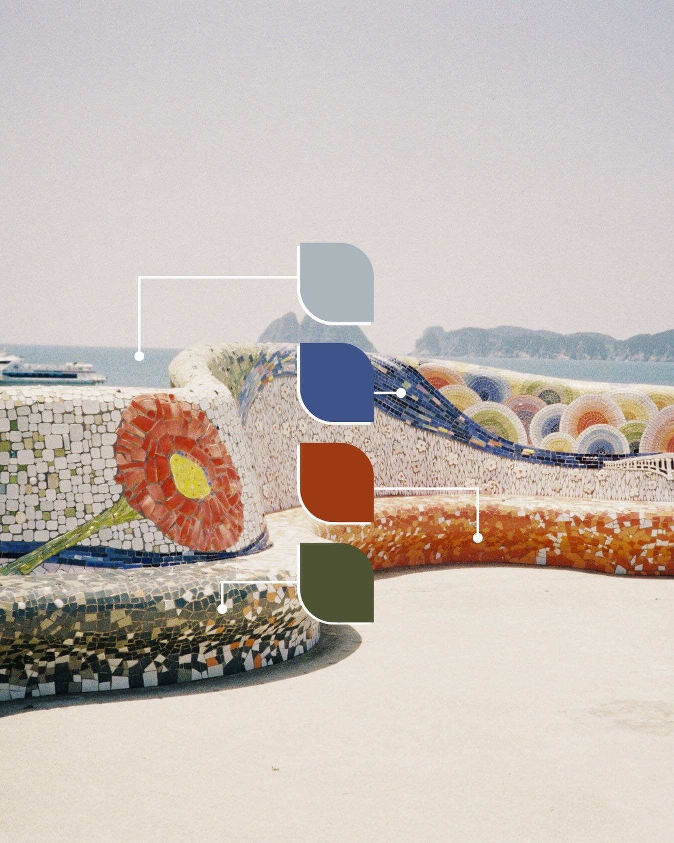 A vibrant palette inspired by an organic mosaic bench. With its rich reds, fresh greens and layered blues that create a playful, yet elevated mood. We LOVE 🥰 this combo, and it’s perfect for brands embracing creativity, craftsmanship, and expressive visuals that stand out without feeling chaotic. 💪