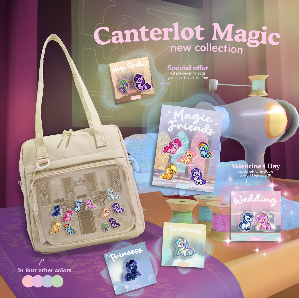Canterlot Magic Collection 👑 📜✨
Our royal doors are opening! We created ita bags with a print of the grand wedding hall from the castle. 🏰 The bags come in 5 different color variants so you can match your own aesthetic. 🎨
The collection includes 11 new pony characters pins 🎠 that you can choose to decorate your bag. But beware, some character bundles are only available for a limited time! ⏳ The wedding bundle is only available from Valentine’s Day until February 28. 🏹💕
👉 BONUS
Everyone who pre-order ita bag by February 28. will receive a “Hey, Spike!” pins bundle for free! 🎁
#mlp #mylittlepony #pixelart #valentine #equestrian