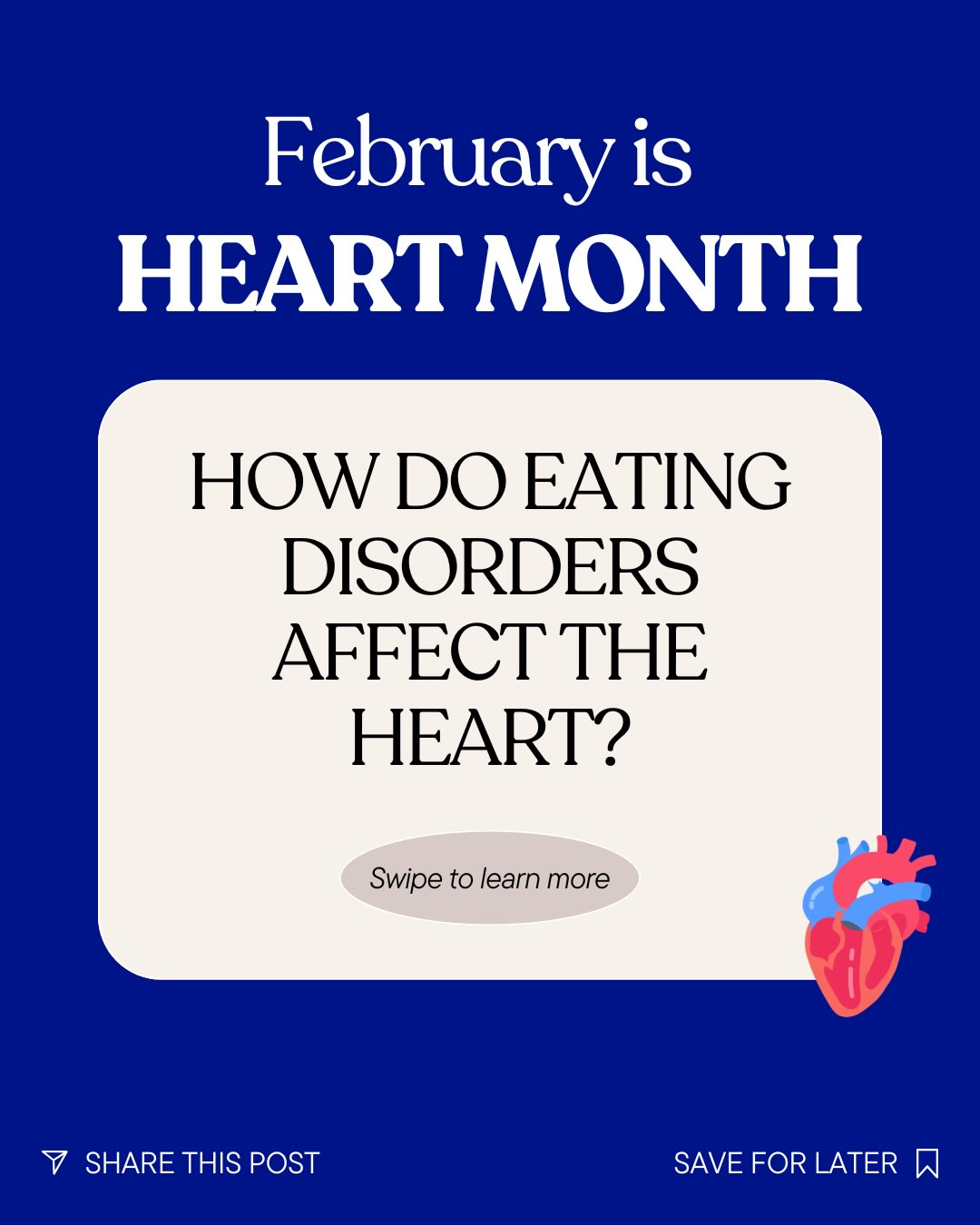 Eating disorders donāt just affect mental health, they can have serious impacts on the heart.Ā āØ
Swipe through to learn how eating disorders can affect heart health, and why early support and treatment matter.
*Information adapted from the American Heart Association.