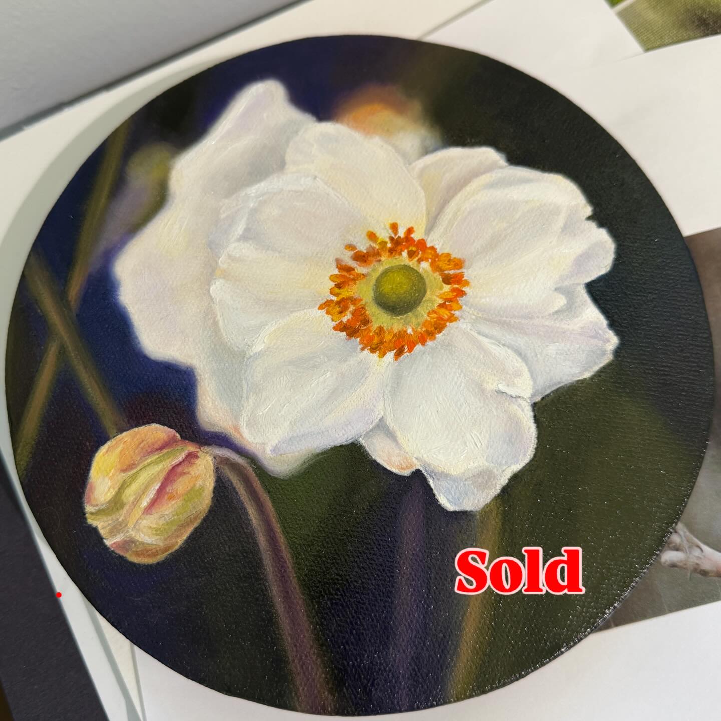 “Japanese Anemone”. My favorite flower and probably my favorite painting to date. Sold. I was just about to take it home to put on my wall. Someday I