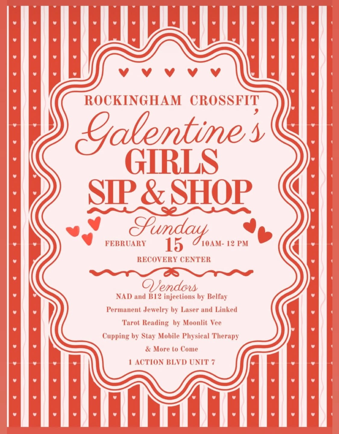✨ Galentine’s Sip & Shop at @rockinghamcrossfit ✨
Join us Sunday, February 15th from 10am–12pm for a fun morning of shopping, sipping, and supporting local vendors!
💪 Stay Mobile Physical Therapy will be there alongside many other amazing local businesses.
Stop by our booth to:
Learn more about what we offer
Chat about any current injuries or nagging pains
Try cupping or dry needling
Grab your friends and come treat yourself—we can’t wait to see you! 💖