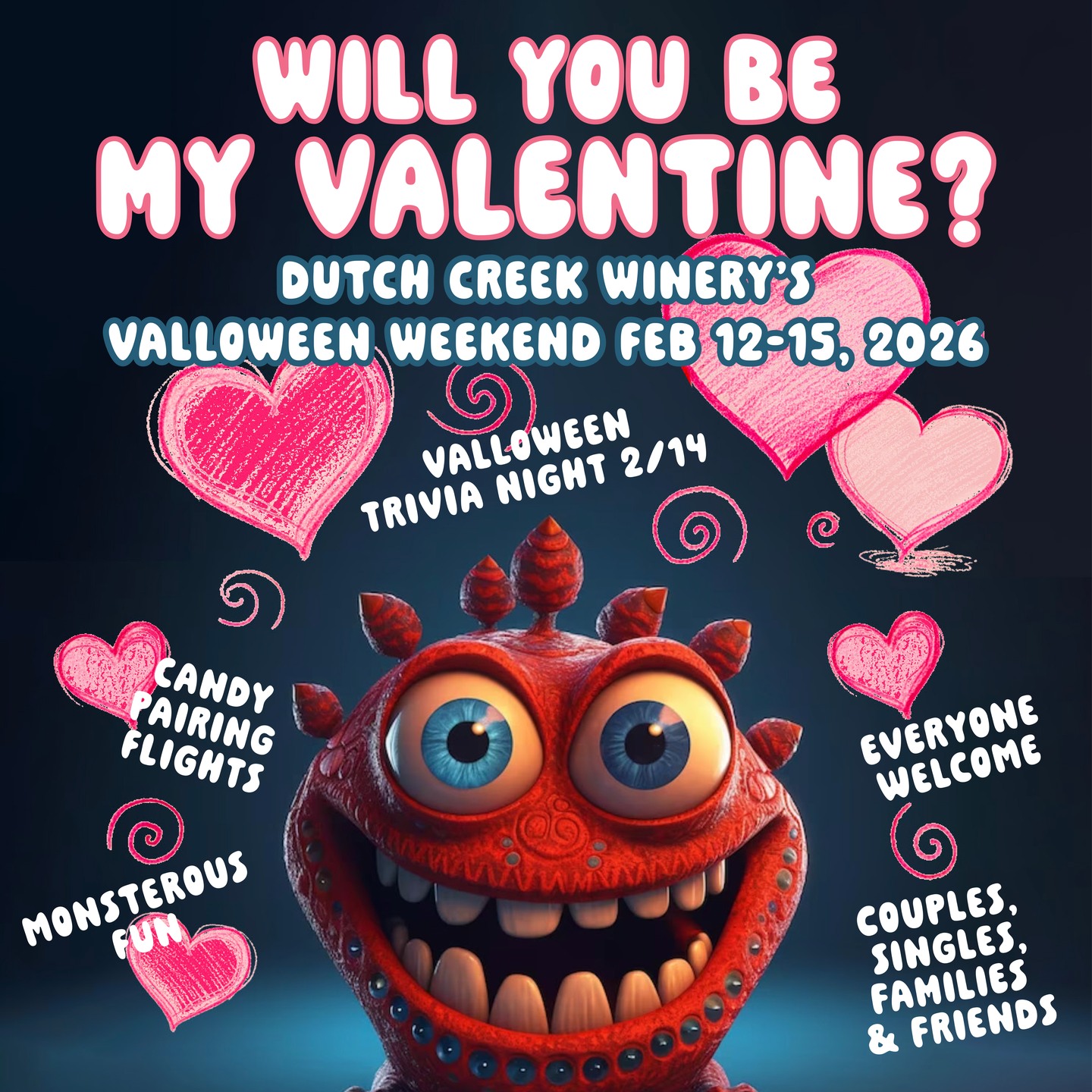 Feb 12th thru Feb 15th is Dutch Creek Winery's Valloween Weekend! The highlight is Valloween Trivia Night on Valentine's Day evening, 5-8pm. A horror themed trivia night packed with spooky laughs, over the top thrills, and delightfully dreadful questions. $5 per person to play. 1st, 2nd, and 3rd place prizes so brush up on your dark trivia. Hosted by @athensscreampark
ALSO, all weekend long DCW will have special Valloween tasting flight parings available. Pick 4 of your favorite wines and ciders paired with fun Valentine's candies. Each Valloween flight will also come with a Valentine from us at Dutch Creek Winery because we want to be your Valentine Winery!
#valentinesday #ohiobobcatprOUd #visitathensohio #visitathenscounty #dutchcreekwinery #valloween #honeywine #findithereohio #shoplocal