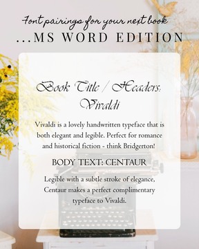 Fonts pairings for your next novel (Microsoft Word edition) ✒️
Oh, MS Word -- where it all began! This programme has all the most iconic and recognisable fonts of our past. I've searched specifically for typefaces that may be hidden gems that are still appealing to today's market.
MS Word is great for writing your novel and some platforms and printers also accept manuscripts formatted for print using MS Word. Depending on which version of MS you are using, these fonts may or may not be included in your subscription.
Here are some pairing suggestions for your favourite genres and why they work well together...
🎨 Vivaldi x Centaur
Vivaldi is a lovely handwritten typeface that is both elegant and legible. Paired with Centaur, they make a graceful and swoony pair. Perfect for romance and historical fiction - think Bridgerton!
🎨 OCR A Extended x Bahnschrift Light
Futuristic and modern, this power pair has all the recognisable nods to science fiction and dystopian fiction. The right balance of the theatrical whilst remaining tasteful and easy on the eyes.
🎨 Segoe UI Semibold x Segoe UI Semilight
Oftentimes fonts from the same family make the best pairing, and in this case Segoe UI in its different variations looks great for title, headers and body text. Clean, simple, and versatile, this one is especially great for non-fiction.
🎨 Century Gothic x Aptos
Bold and high-impact Century Gothic will be familiar to crime and thriller fans. Paired with no-nonsense sans serif Aptos, they make a comfortable combo for page turners and speed readers.
I'll be sharing typefaces from Adobe and Google Fonts soon too -- watch this space! Check out my previous post on Canva suggestions.
Any of these catch your eye? Save them for your next project! 🤍
#BookDesign #FontPairings #DesignTips #SelfPublishing #Authorgram