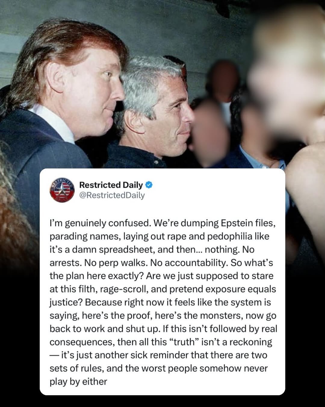 Like many of you, I have been witnessing with horror information surfacing from the Epstein files; estimates place the releases at only half of the full set of responsive materials, with indications that DOJ is sitting on the worst of it—somehow even more sinister, vile, and depraved. It’s soul crushing.
BELIEVE THE SURVIVORS. The thousands of survivors are the epitome of courage, strength, and integrity. Speaking out against the most powerful and risking their safety, while holding an abyss of trauma from their childhood innocence violently ripped away, from the horrors inflicted.
For fellow SA/abuse survivors, please find ways to maintain peace and care, as these events are extraordinarily activating of younger wounds.
We cannot look away. We cannot pretend these darkest of crimes did not happen. *Ignoring the truth does not change reality.* We need to allow our hearts to shatter, and plant seeds of righteous rage, action, and love out of this scorched earth. May our rage converted to action fuel a reckoning.
The only way to build a more just, equitable, and humane world is to face the sinister elements of our society, understand its roots dating back to colonization and chattel slavery—systems built on exploitation, violence, and SA—and say no more, to fight back with our collective rage and anguish.
Increasingly, I preface things with, “I know I sound like a conspiracy theorist but…” 😫 How clever that pizzagate and Qanon were created as disinfo laundering and conspiracy preemption through false, sensationalist, extreme narratives. So that when the truth was revealed through survivor accounts corroborated by the files, we would reject the truth muddied by the earlier conspiracy theories. That is, pizzagate poisoned the well so that when real evidence of abuse and torture by the most powerful circles emerged, we were conditioned to dismiss the entire subject.
Pizzagate was the conspiracy, Epstein’s trafficking rings are the truth. He was convicted and registered as a sex offender in 2007, with an extensive sex trafficking case underway when he was found dead in 2019. FL officials like Acosta and Bondi shielded him. The truth will prevail.