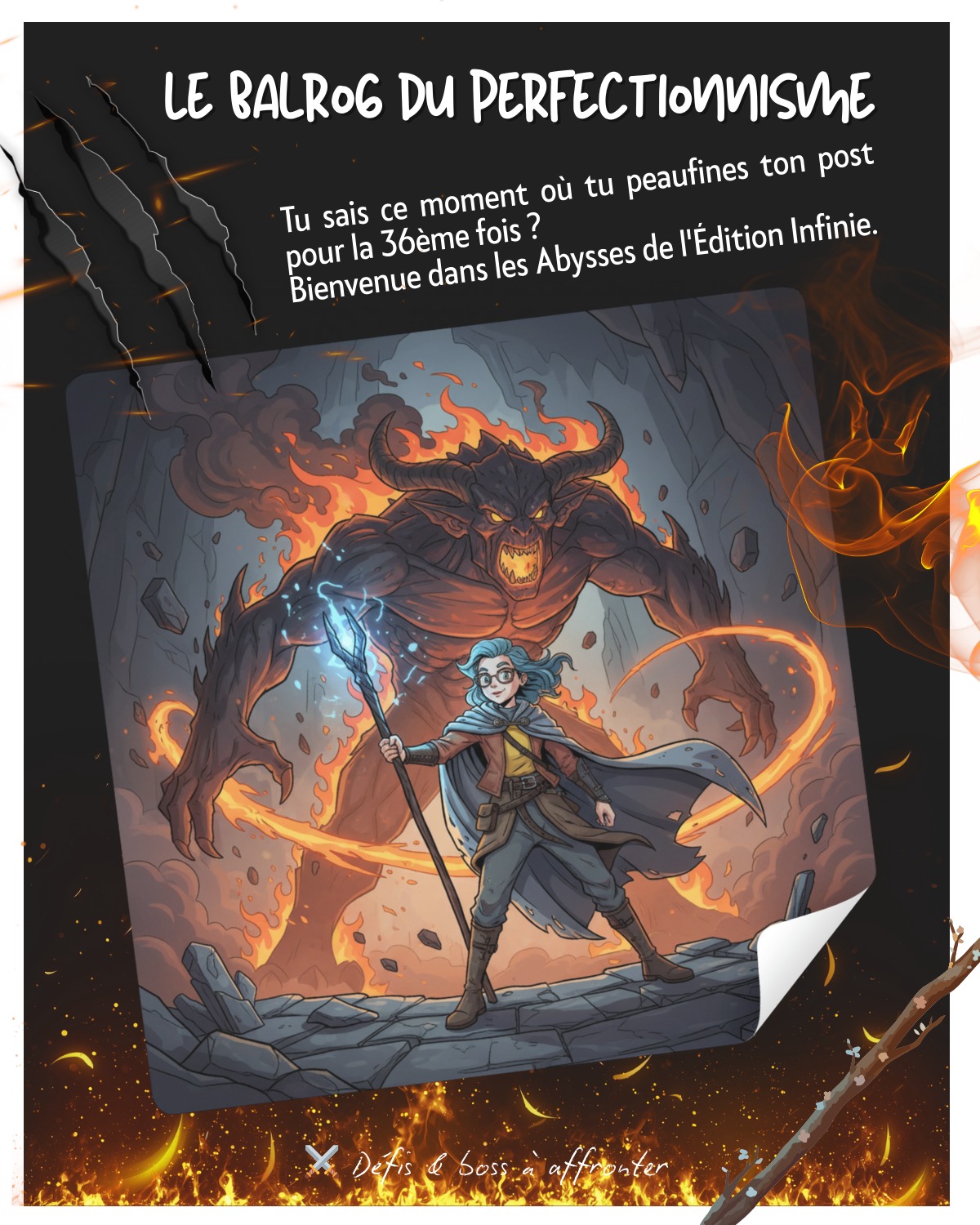 ⚔️ Défis & boss à affronter...
🐉 BOSS DE LA SEMAINE : Le Balrog du Perfectionnisme
(Inspiré du Seigneur des Anneaux)
Tu sais ce moment où tu peaufines ton post pour la 36ème fois ? Où tu changes ENCORE la virgule dans ta bio ?
Où tu retardes ton lancement parce que "ce n'est pas encore ça" ?
Bienvenue dans les Abysses de l'Édition Infinie.
Le Balrog du Perfectionnisme est un boss redoutable. Il gronde dans l'ombre ...
- "Ta palette de couleurs n'est pas EXACTEMENT la bonne teinte."
- "Ce paragraphe manque de profondeur philosophique."
- "Tu ne peux PAS publier avant d'avoir relu 12 fois."
Son piège ? Te clouer sur le Pont de Khazad-dûm pendant que tes concurrents traversent tranquillement vers le succès.
MA RIPOSTE DE GANDALF DIGITALE
"You shall not pass!"
✨ Le fait "parfait" n'existe pas.
✨ Le fait "publié" existe.
✨ Done is better than perfect.
Aujourd'hui, je publie. Imparfait. Vivant. Réel.
Et toi ?
Quel Balrog bloques-tu sur ton pont ? 🔥
#doneisbetterthanperfect #entrepreneurlife #perfectionnisme #seigneurdesanneaux #lordoftherings #gandalfvibes #contentcreator #publiersansattendre #créateurdecontenu #antiperfectionnisme