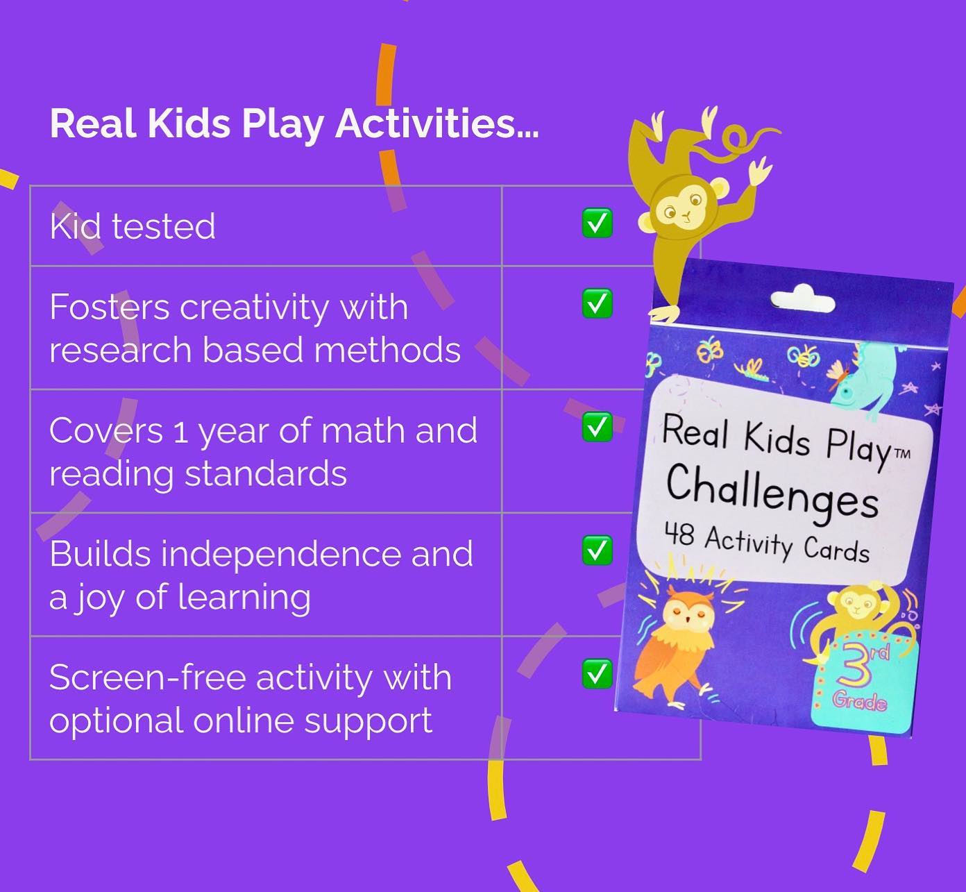 Did you know real kids play challenges boosts creativity? 🥸😸🤖👩🎨🦹 Give kids a chance to explore learning for themselves. This is the perfect activity deck for your 3rd grader looking to hone their skills or your 4th grader looking to review. Order now and get it in time for the holidays! #learning #realkidsplay #creativity #gift #giftidea #stockingstuffer #3rdgrade #academicplay #playful #play #learn #card #activitycards #holidaysale #deckofcards