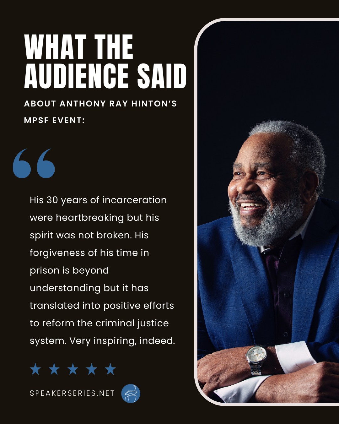 Thirty years on death row could have defined Anthony Ray Hinton by anger or bitterness. Instead, he chose compassion, forgiveness, and action.
When Ray took the MPSF Speaker Series stage this January, it became clear that his story is not about what was taken from him, but about how he’s using his voice to help ensure it doesn’t happen to someone else.
Join us at our Oakland venue for the rest of this season for more conversations that broaden your view.
🎟️ speakerseries.net