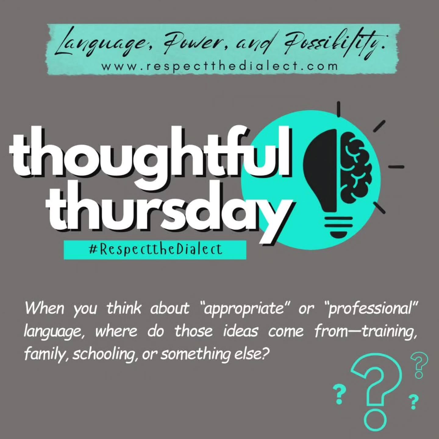#ThoughtfulThursday let's get into it. What do "professional" and "appropriate" really mean? Why are these loaded terms when it comes to cultural expression? How were these terms defined for you and how do they uphold linguicism and other forms of discrimination and/or oppression? I'd love to hear your thoughts!
#respectthedialect #languageandpower #linguicism #professionalism respectabilitypolitics linguisticjustice theculturewespeak