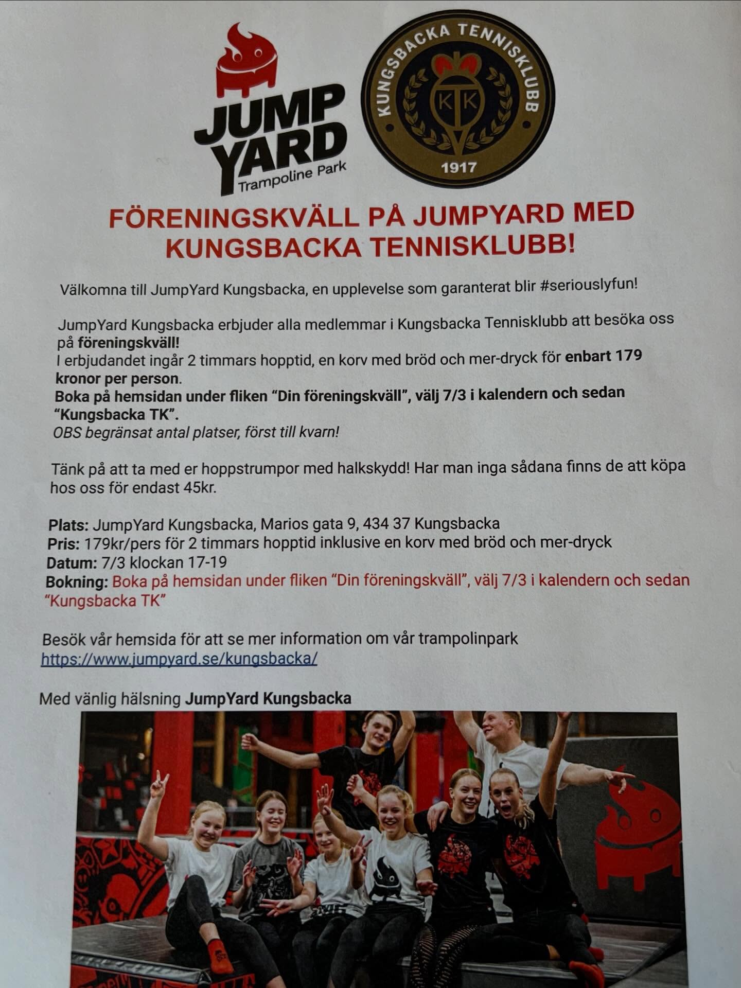 Varmt välkomna till föreningskväll på JumpYard, lördagen den 7:e Mars🔥17:00-19:00, 2h hopptid samt korv med bröd efteråt, OBS begränsat antal platser så in och säkra din redan idag💪