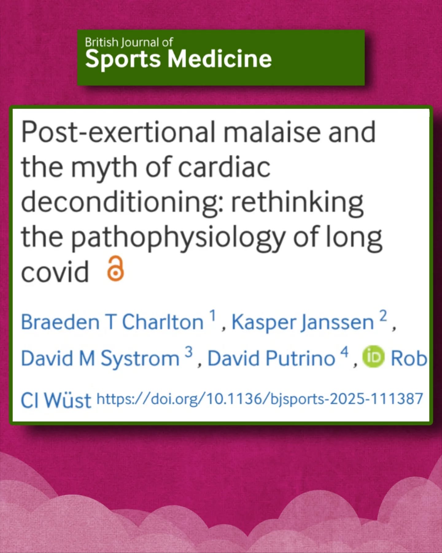 🧵Malaise Post-Effort (#MPE) et mythe du déconditionnement cardiaque dans le #CovidLong
Nouvelle publication de :
Braeden T. Charlton, Kasper Janssen, David M. Systrom, David Putrino & Rob Wüst
dans le British Journal of Sports Medicine👇
📌Le #CovidLong est défini par la persistance ou l’apparition de symptômes ≥ 3 mois après l’infection aiguë au #SARSCoV2.
La proportion de patients développant des symptômes persistants n’a pas significativement diminué depuis 2020.
⚠️ Le MPE est une caractéristique déterminante du CovidLong.
Il est présent chez environ 80 % des patients.
Il constitue également le symptôme cardinal de l'Encéphalomyélite Myalgique #EM
🔎Le MPE correspond à :
➡️Une exacerbation retardée (ou nouvelle apparition) des symptômes
➡️Après une activité physique ou cognitive
➡️Dépassant un seuil propre au patient
Il peut durer jours, semaines, voire entraîner une dégradation durable.
📚Historiquement, le déconditionnement a été proposé, sans preuve physiologique solide, pour expliquer les altérations observées dans le Covid Long et l'EM.
Les auteurs rappellent que cette hypothèse est ancienne et insuffisamment étayée.
🫀En 2025, une déclaration de l’American Heart Association a suggéré que les altérations cardiaques du Covid Long pourraient être attribuées au déconditionnement.
Les auteurs remettent cette hypothèse en question.
🔬Les études cardiopulmonaires montrent une hétérogénéité importante :
🔹Cicatrices myocardiques
🔹Modifications inflammatoires
🔹Altérations résiduelles
🔹Insuffisance de précharge (remplissage cardiaque insuffisant)
Ces anomalies ne sont pas caractéristiques du simple déconditionnement.
📊Certains patients présentent une réduction des volumes cardiaques compatible avec un déconditionnement.
Mais d’autres anomalies, notamment l’insuffisance de précharge et les cicatrices inflammatoires, ne peuvent être expliquées par l’inactivité seule.
🧬 Des mécanismes similaires sont proposés dans le Covid Long et l'EM :
🔹 Dysfonction mitochondriale
🔹 Dysfonction endothéliale
🔹 Auto-immunité
🔹 Altérations électrophysiologiques
Une altération de l’extraction périphérique d’oxygène est également observée.
⏬Suite en com⏬