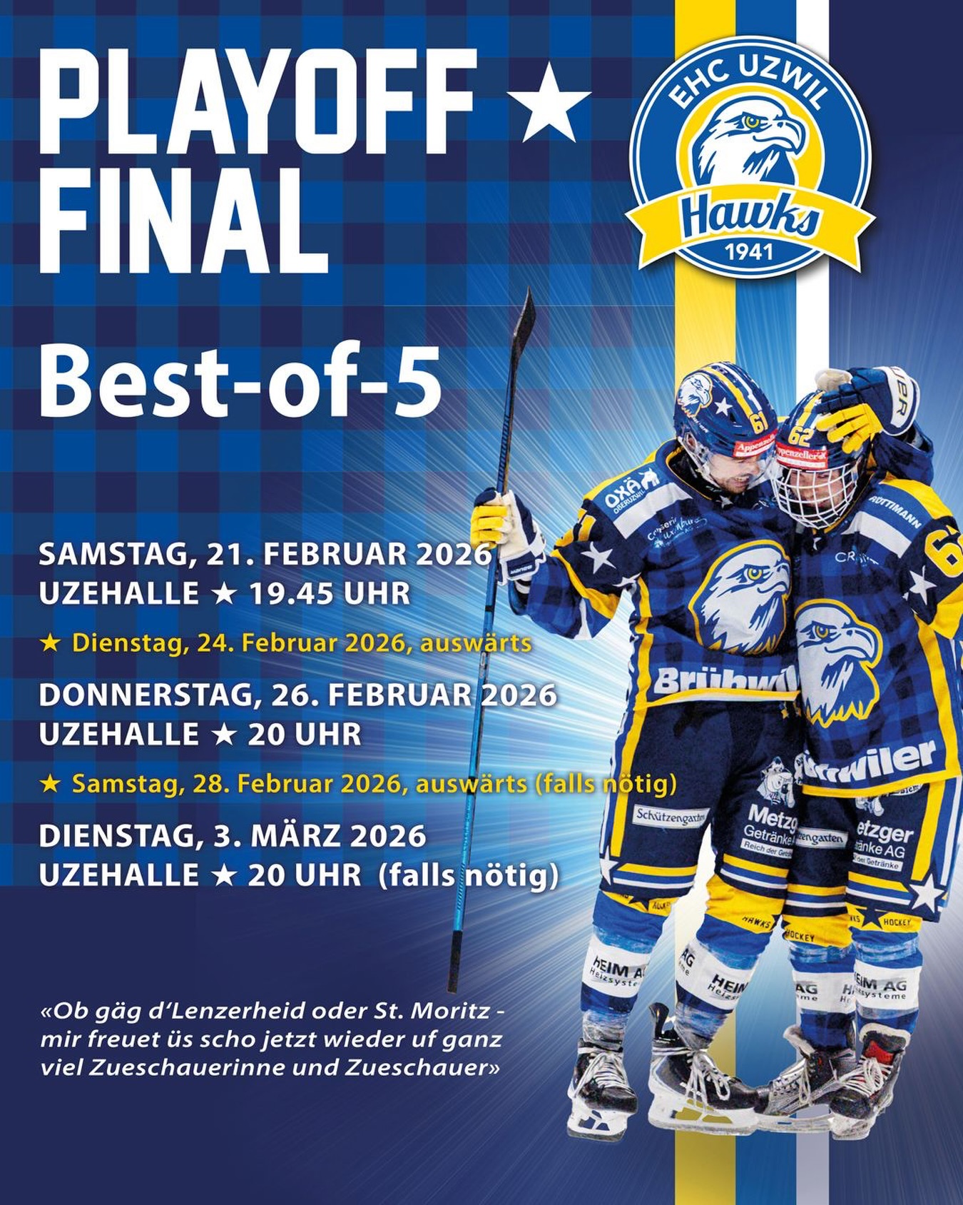 Am vergangenen Samstag sicherten wir uns vor knapp 600 Zuschauerinnen und Zuschauern verdient den Einzug ins Finale der Gruppe 1. Dort treffen wir entweder auf den EHC Lenzerheide-Valbella oder den EHC St. Moritz. Aktuell führt die Lenzerheide in der Serie mit 2:1 und hat am Dienstag den ersten Matchpuck. Am kommenden Samstag startet dann das Finale in der Uzehalle. Wir freuen uns schon jetzt wieder auf eure grossartige Unterstützung. Hopp Uzwil!
#ehcuzwil #ehcuzwilhawks #playoffs #heimvorteil #uzehalle