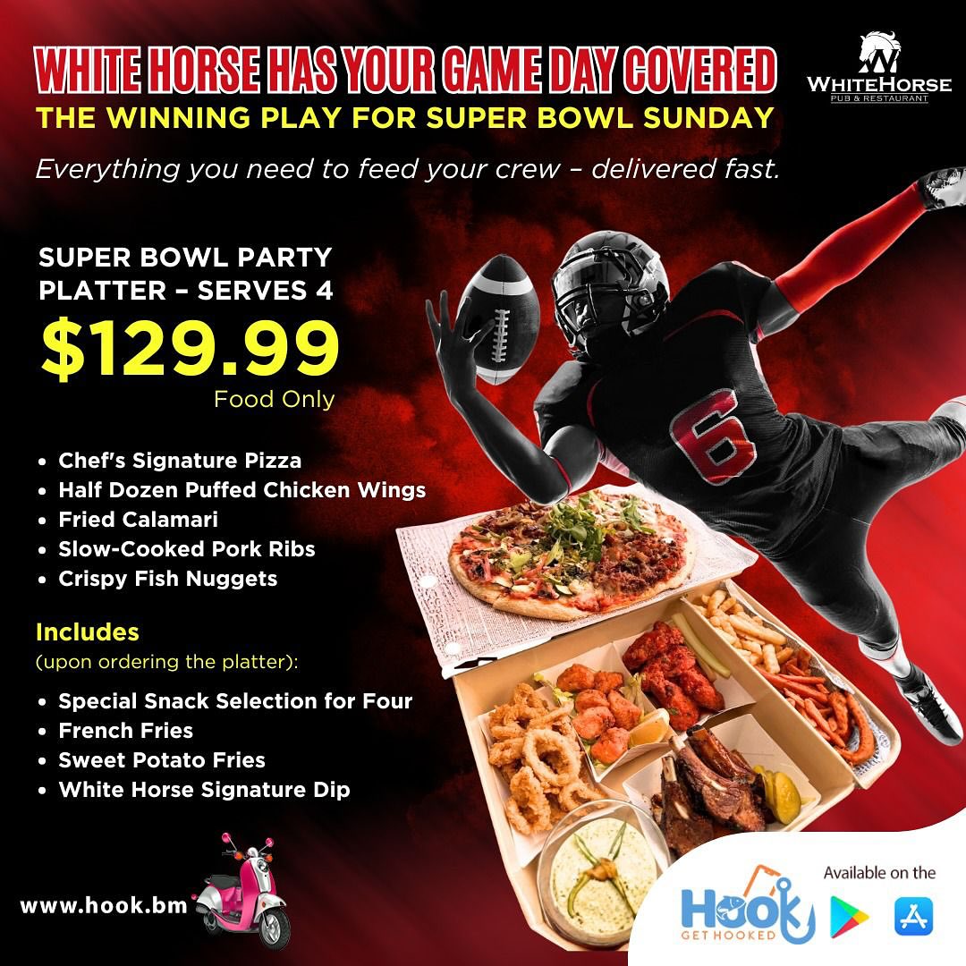 🏈 Game day plans? Sorted.
Our Super Bowl Party Platter is ready for the big game at Whitehorse Pub — dine in with us or get it delivered through Hooked and enjoy the feast at home. Big bites for the biggest Sunday of the year! @hookedisland 🛵💨