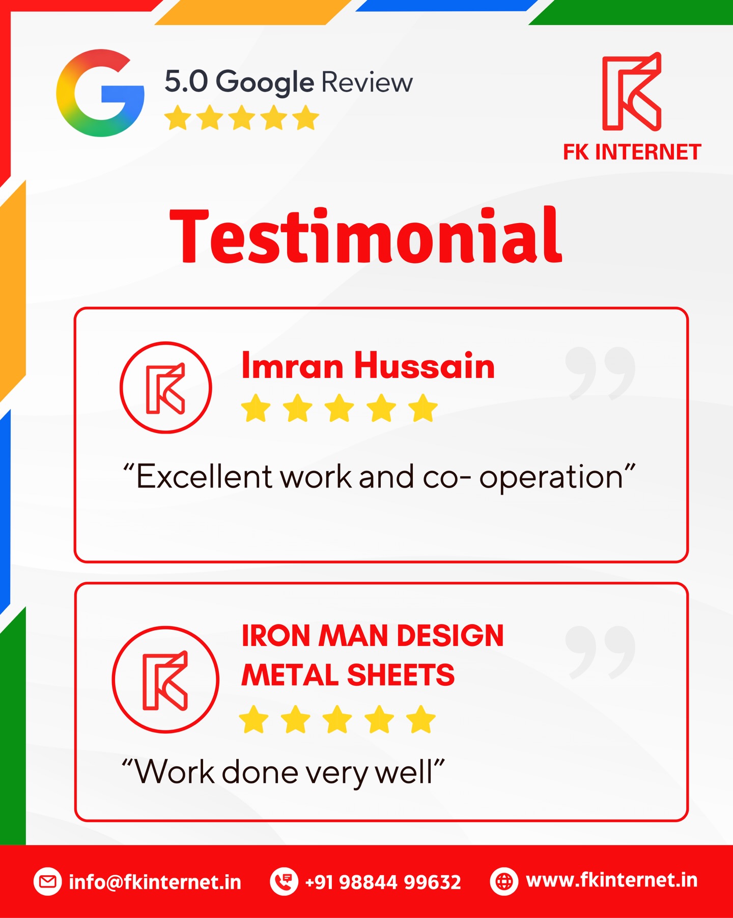 Client feedback that keeps us moving forward 💫
We’re truly grateful for the trust our clients place in FK Internet 🤝💻
😊 Thank you, Imran Hussain, for your appreciation and smooth cooperation throughout the project.
🙏 Thank you, Iron Man Design Metal Sheets, for your kind words and confidence in our work 🏗️✨
Your feedback on our professionalism, coordination, and timely delivery means a lot to us 🚀📦
It motivates us to keep delivering high-quality websites with clarity and commitment.
At FK Internet, we design modern ✨ responsive 📱 and SEO-ready 🔎 websites tailored for businesses across industries — from manufacturing 🏭 and construction 🏗️ to education 🎓 and service sectors 🧑💼.
💻 Looking for a professional website for your business?
📩 DM us today or visit 🌐 www.fkinternet.in to get started.
📞 +91 98844 99632
📧 info@fkinternet.in
#websitedesign #webdesignindia #businesswebsite #clienttestimonial #digitalpresence