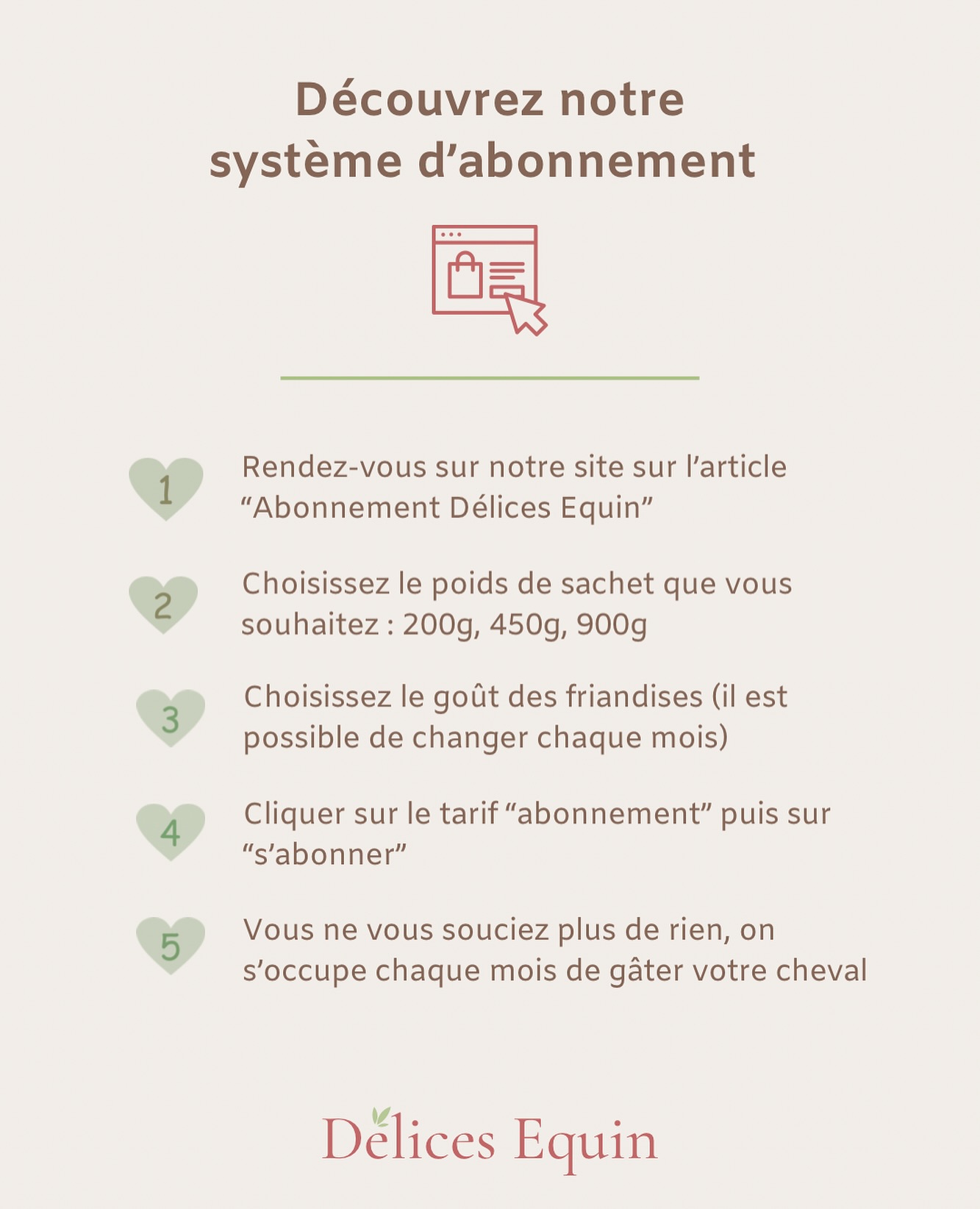 Chez Délices Equin, on a pensé à tout pour vous simplifier la vie 🌸
➡️ Des abonnements de friandises naturelles, livrés chaque mois, sans y penser.
➡️ Toujours les mêmes recettes saines, gourmandes et adorées par vos chevaux 🐎
🌱 Et bonne nouvelle :
👉 Les abonnements existent aussi pour nos mashs sans céréales !
Parfaits pour les chevaux sensibles, au repos ou tout simplement chouchoutés comme ils le méritent 🥣✨
📦 Plus de ruptures
⏱️ Plus d’oubli
🍬 Juste du plaisir… et des chevaux heureux
#DelicesEquin #FriandisesNaturelles #MashSansCereales #AbonnementCheval