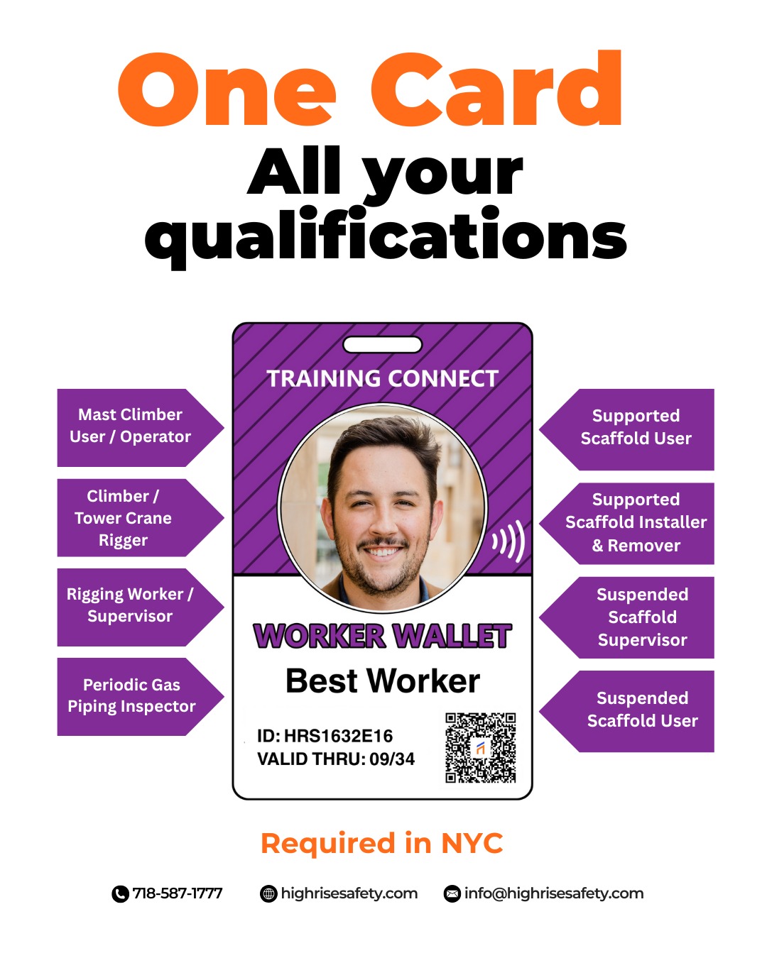 The Worker Wallet can be scanned and validated using the Training Connect App, allowing inspectors, site safety managers, and employers to instantly see which worker certifications are stored in the wallet.
Any questions? We’re happy to help!
📞 Call us: 718-587-1777
📧 Email: info@highrisesafety.com
📍 Visit us: 1632 East 16th Street, Brooklyn, NY 11229