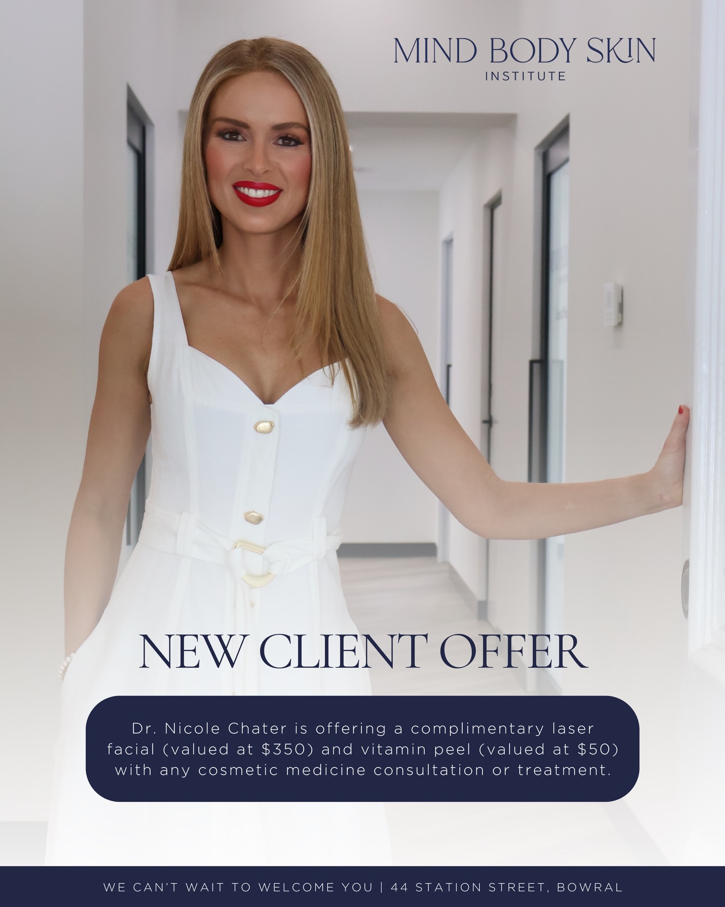 Your first visit, thoughtfully elevated.
At Mind Body Skin Institute, every consultation is centred around education, safety and personalised treatment planning.
Dr Nicole Chater is currently welcoming new clients and offering a complimentary laser facial (valued at $350) and vitamin peel (valued at $50) with any cosmetic medicine consultation or treatment.
A considered introduction to results that look natural and feel like you.
📍 44 Station Street, Bowral
Contact our team to arrange your consultation.
*All cosmetic medical treatments require a personalised consultation to determine suitability. Individual results vary.
#MindBodySkinInstitute #BowralClinic #CosmeticMedicine #NaturalResults #HealthyAgeing