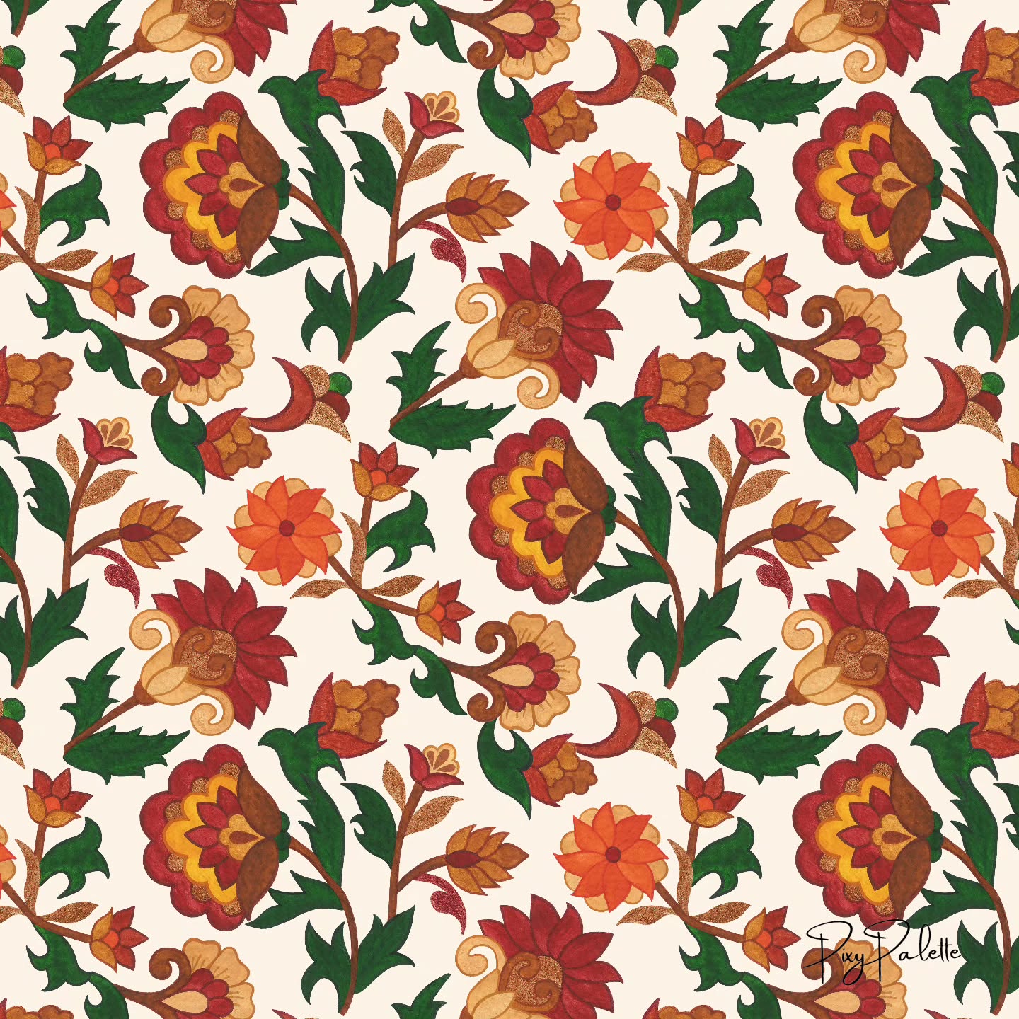 Earlier this week, I found myself revisiting some of my mom’s old artworks, pieces she created while learning fabric painting.
I grew up surrounded by her traditional art, listening to the stories behind every piece she painted or created. Even today, her work lives quietly around our home, on bed sheets, tablecloths, and in little corners filled with memory.
This pattern is my way of returning to those roots. I reimagined the old motifs in a warm, earthy palette, giving them a new life while holding onto their soul.
Every time I look at it, I feel a piece of her essence woven into it. 🤍✨
#indianfloral #traditionalfloral #surfacepattern #patterndesigner #textiledesign