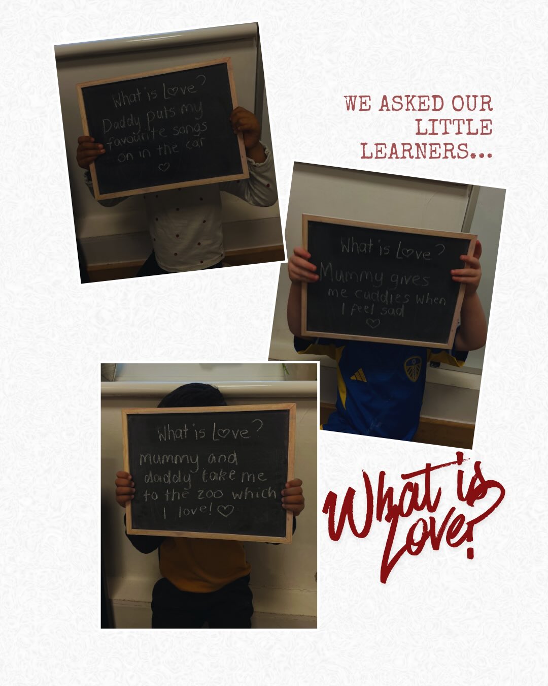 We asked our preschoolers a big question this week: ‘What is Love?’ ❤️
Our preschoolers reminded us that love is found in the simple everyday moments. From hearing their favourite song on the radio to a warm plate of dinner made for them every night. It’s in the bedtime stories, the zoo trips, and those much-needed cuddles when they’re feeling sad. 💕
Thank you to all those parents and guardians for making the ‘ordinary’ feel ‘extraordinary’ to our little ones 🧸
…
#eyfs #valentinesday #preschool #peterboroughchildcare #peterborough