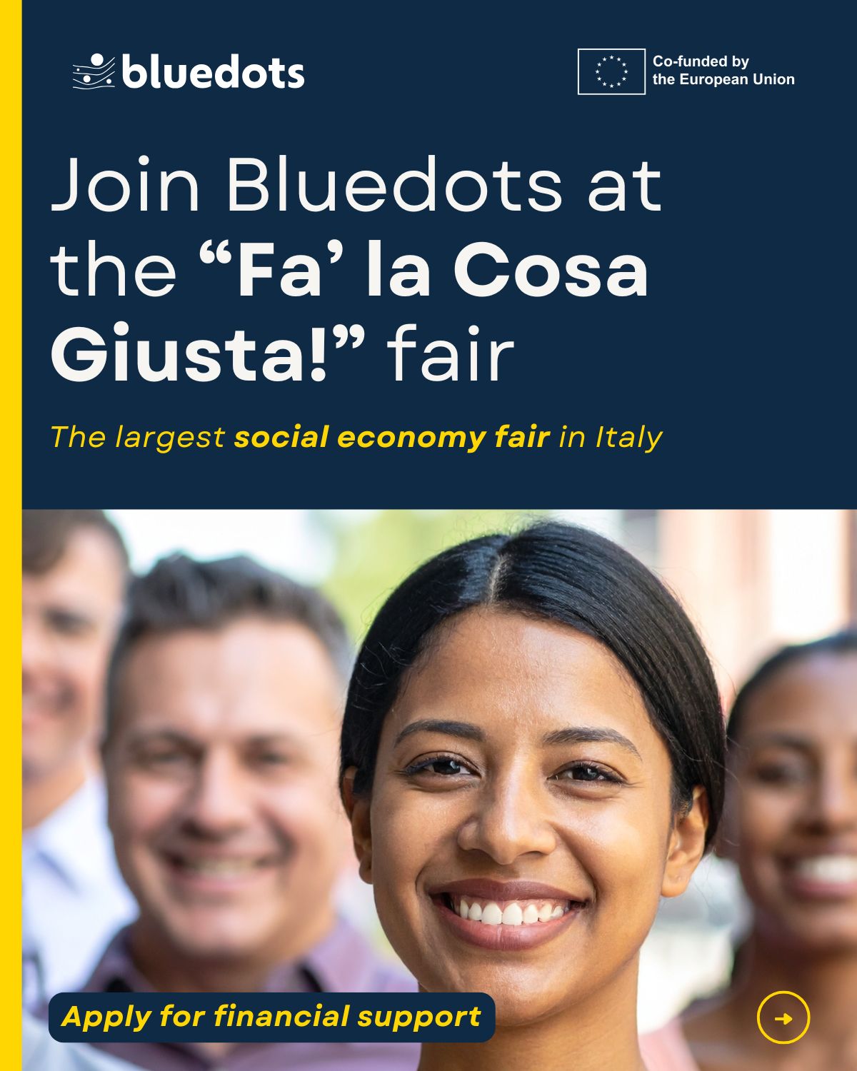 🌊✈️ Vuoi partecipare al Bluedots Italy Living Lab “Blue Tourism Economy and Responsible Tourism”?
📍 13–14 marzo 2026 | Milano
📌 Durante @falacosagiusta_mi ’ la cosa giusta!, la più grande fiera italiana dedicata a economia sociale, turismo responsabile, biodiversità e stili di vita sostenibili.
Se sarai tra le organizzazioni selezionate potrai:
✨ Contribuire a un Living Lab su Turismo Blu e Responsabile
🤝 Connetterti con attori dell’economia sociale, professionisti e innovatori del settore
🎤 Partecipare a talk, visitare la fiera e partecipare ad attività di networking
🌍 Vivere tutto questo in un’unica esperienza
💶 Fino a 800 € di contributo per coprire viaggio e alloggio!
🗓️ Candidature aperte fino al 16 febbraio 2026
🔗 Per candidarsi consulta il sito del nostro partner Diesis Network: https://diesis-network.coop/bluedots/financial-support/
#BlueTourism #TurismoResponsabile #EconomiaSociale #LivingLab #SustainableTourism #FaLaCosaGiusta #Bluedots