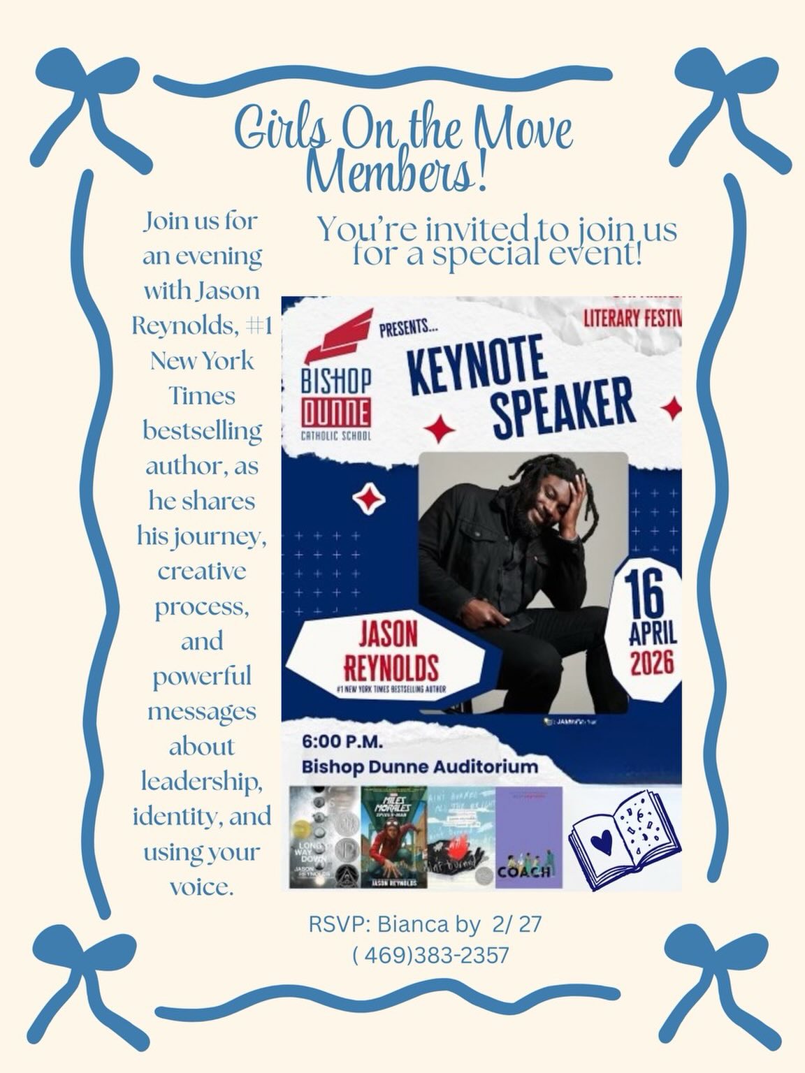 Join us for a special evening with #1 New York Times bestselling author Jason Reynolds as he shares his journey, creative process, and powerful insights on leadership, identity, and using your voice.
🗓 April 16, 2026
🕕 6:00 PM
📍 Bishop Dunne Auditorium
📩 RSVP to Bianca by 2/27 | (469) 383-2357
#DTEA #DallasNJTL