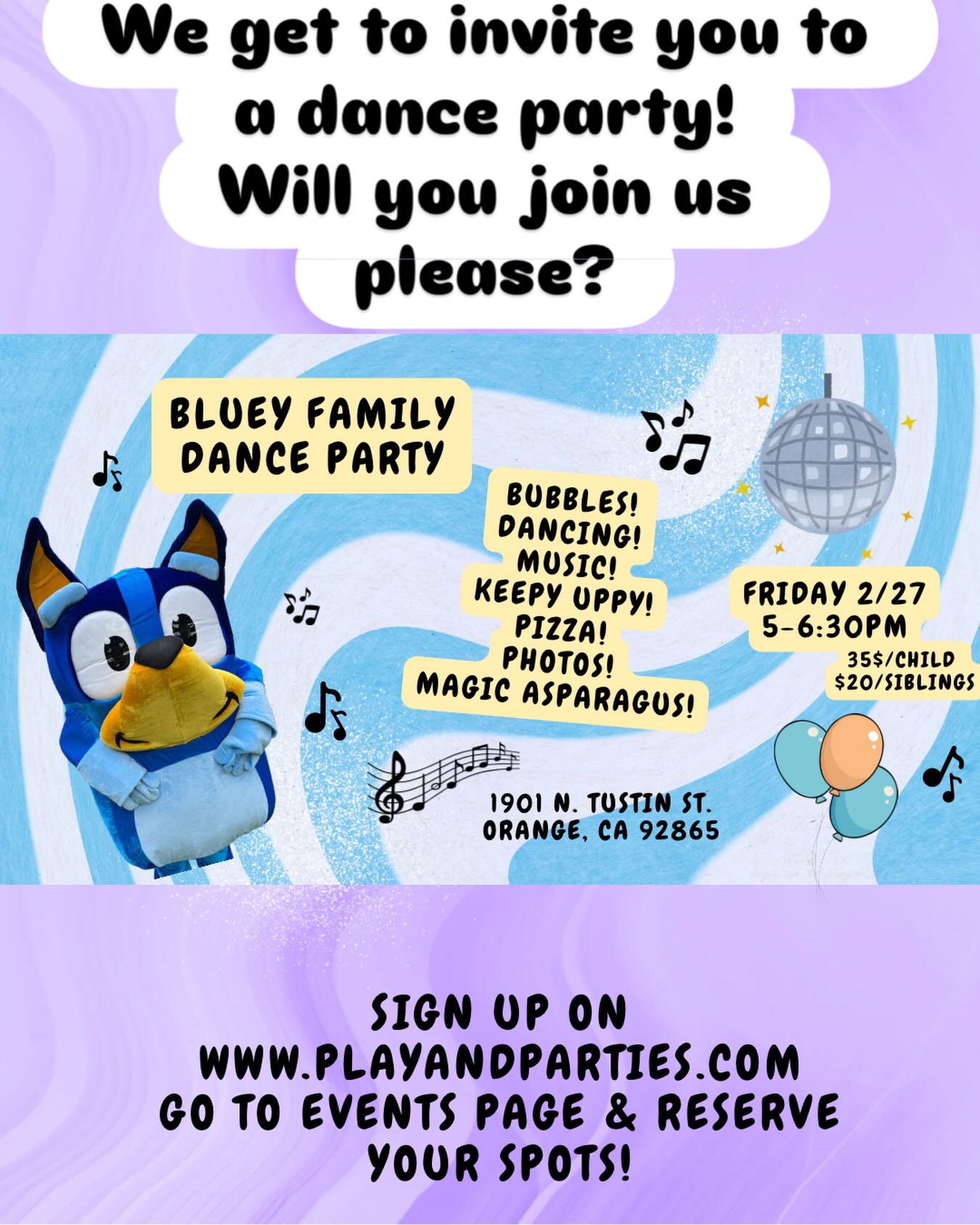 Bluey is coming to dance and play very soon @playandparties @playandparties and we would love for you and your family to come too!
There will be pizza, FUN, Balloons and wholesome family fun.
Sign up today at : www.playandparties.com/events